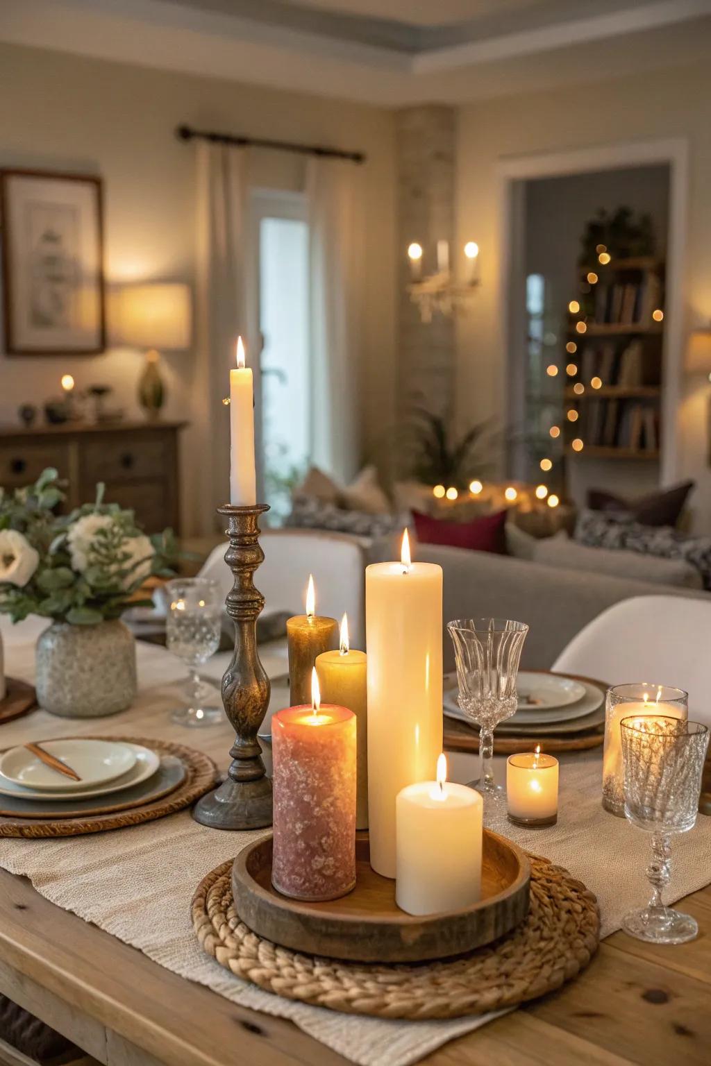 Candles varying in height establish a comforting dining mood.