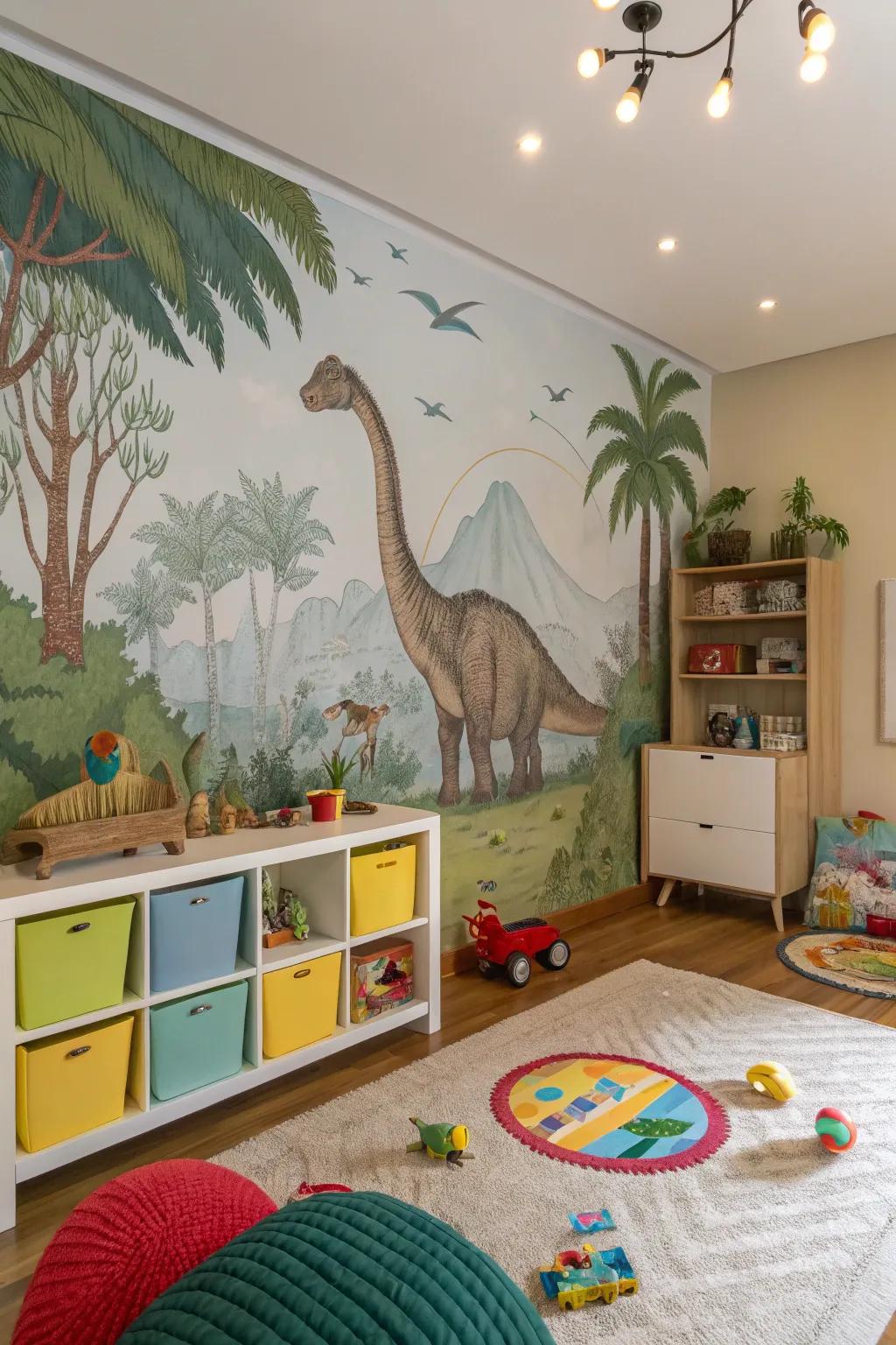 An enthralling dinosaur wall mural bringing prehistoric escapades vividly to life in a child's room.