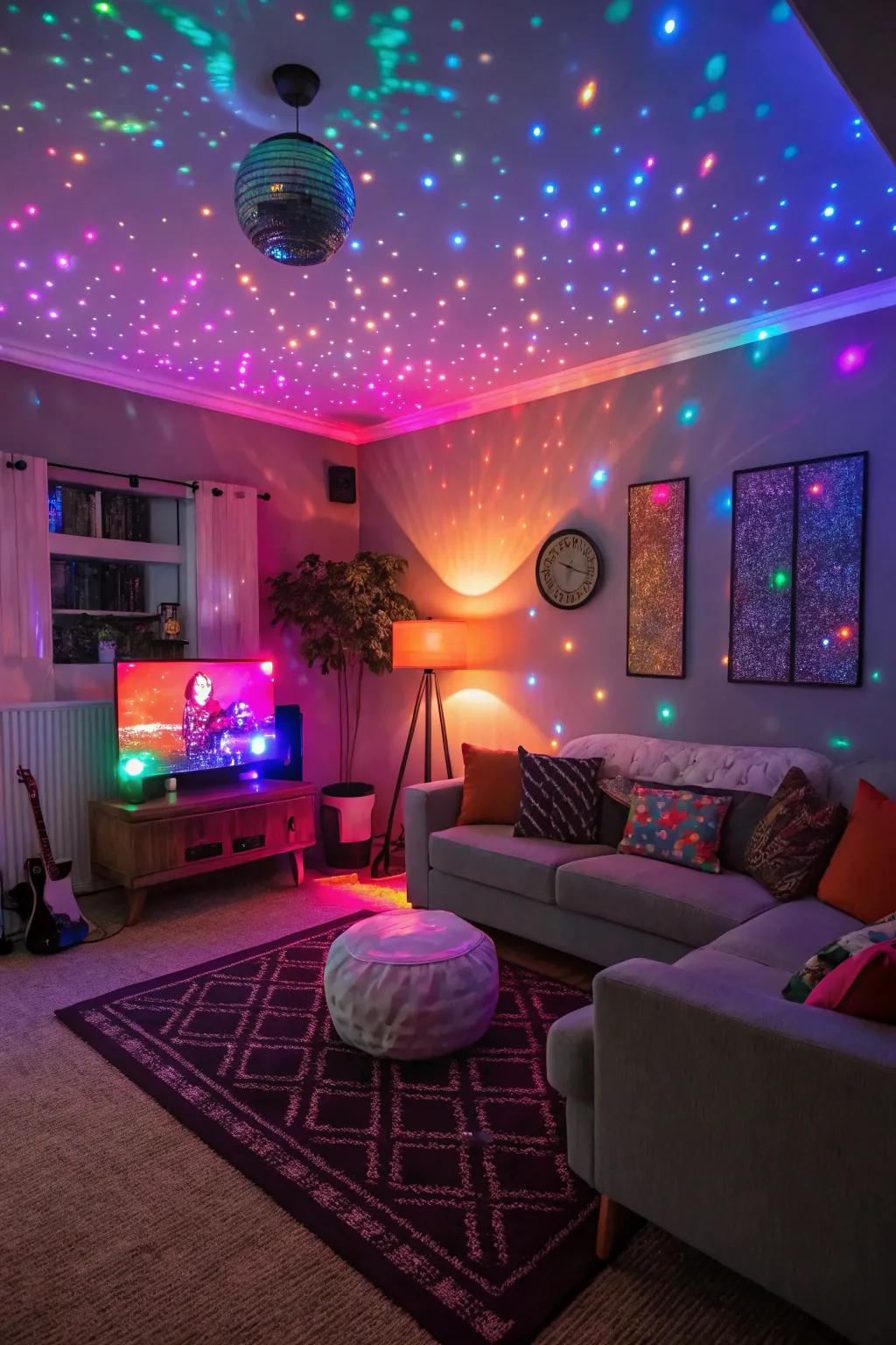 Vibrant LEDs transform the lounge into a lively disco dance floor.