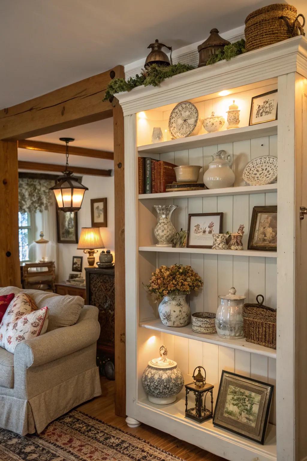 Exposed shelving that showcases treasured vintage pieces and seasonal touches.