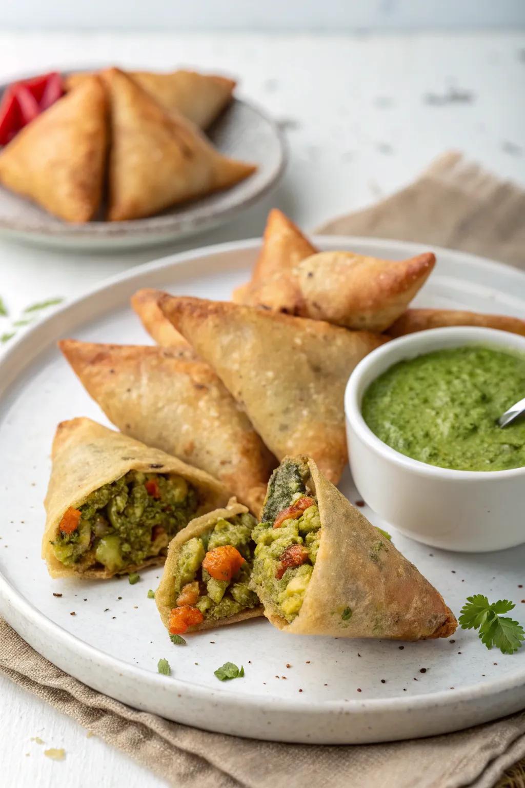 Fresh, contemporary samosas with vegetable and quinoa filling, accompanied by some mint dip.