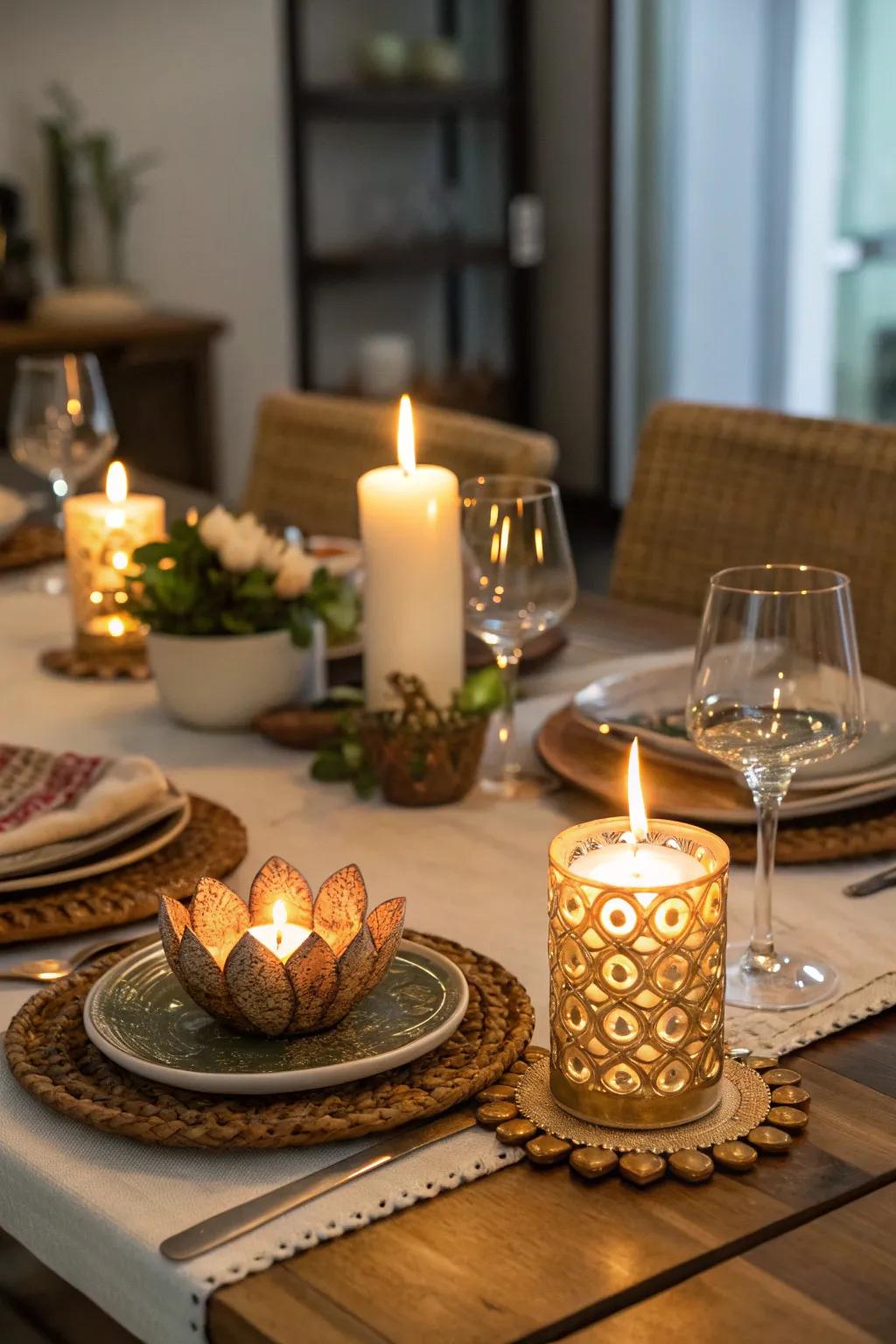 Candles and diyas fashion a snug and welcoming glow on the Diwali table.