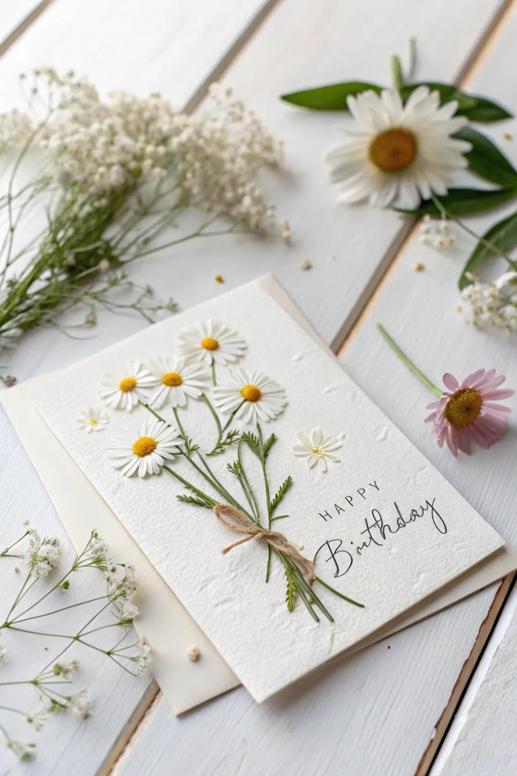 Nature's beauty captured in a card - a straightforward yet sophisticated DIY birthday card decorated with pressed flowers.
