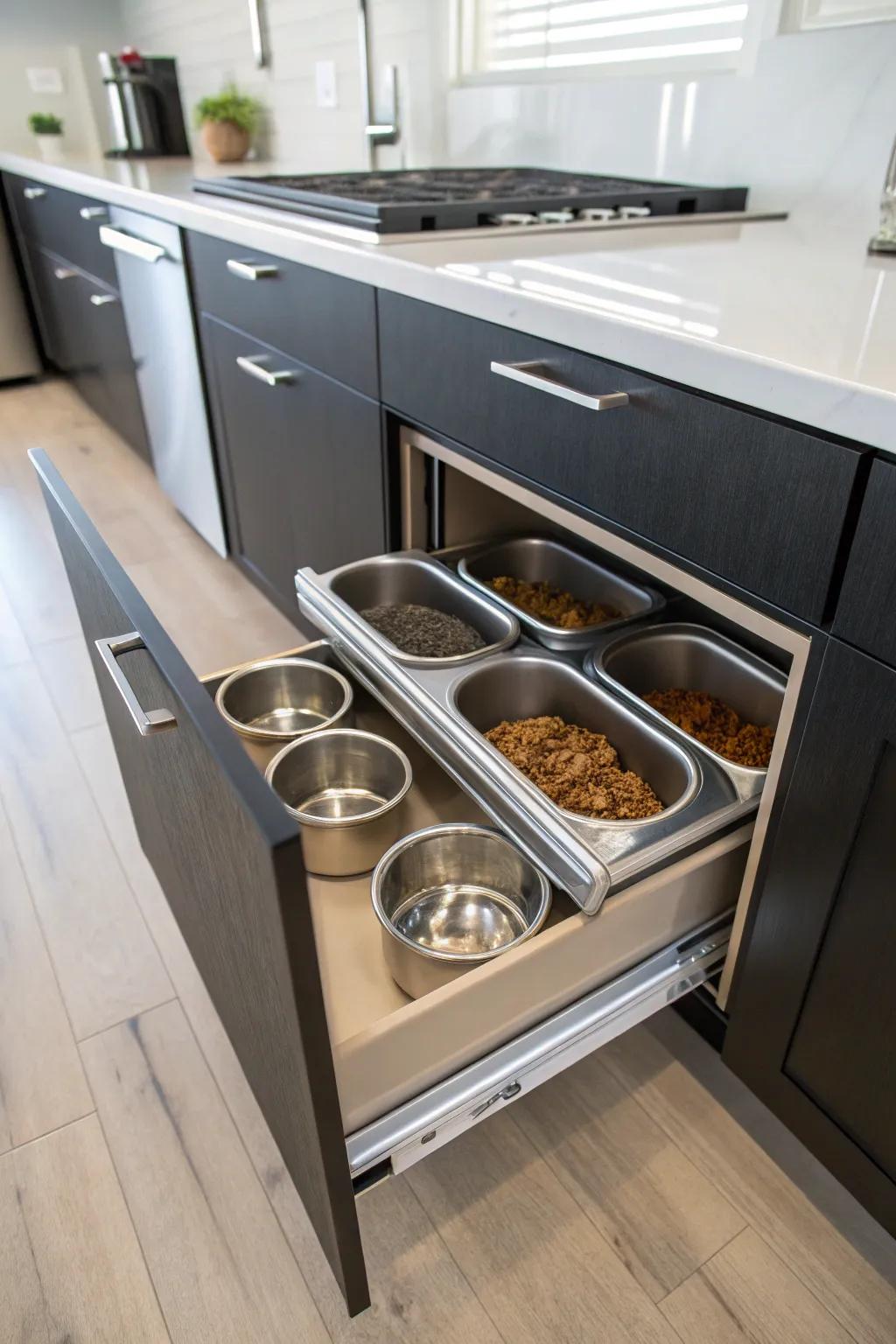 A kitchen cabinet equipped with a pull-out drawer, providing a discreet and efficient spot for storing dog food.