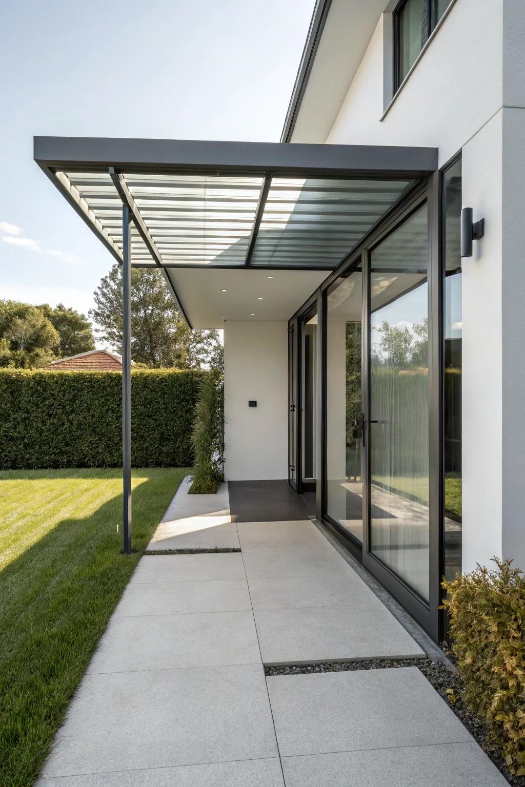 A refined steel awning that harmonizes with modern architectural forms.