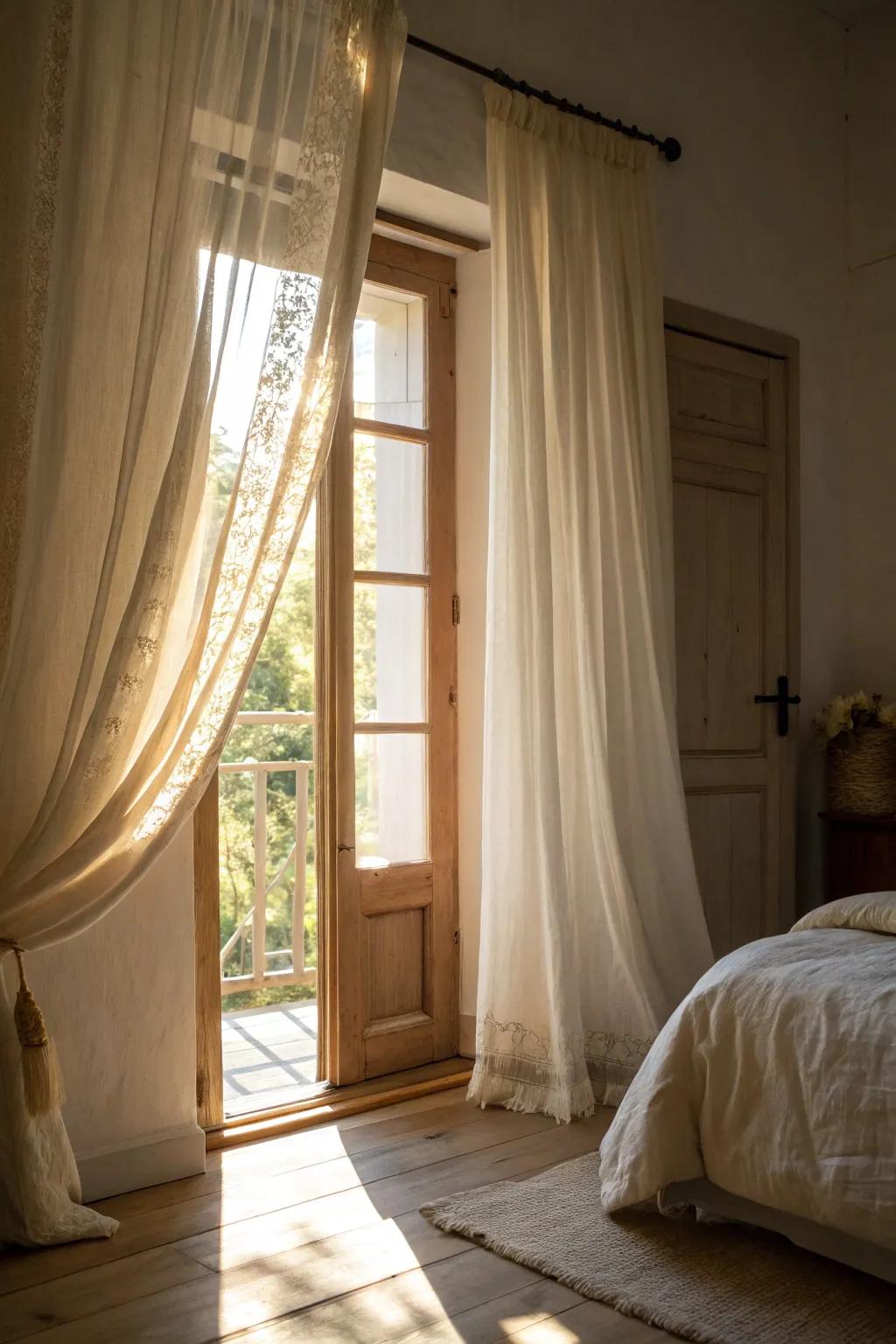 Light linen curtains conjure a serene bedroom atmosphere.