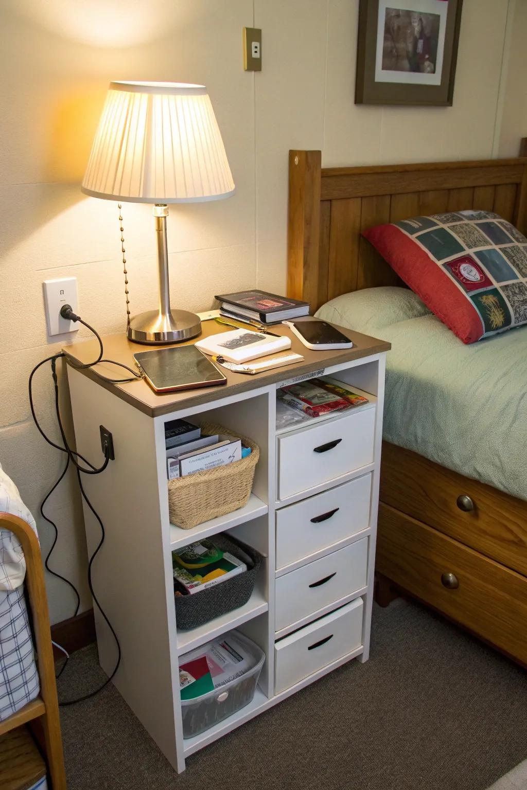 A multifunctional bedside table delivers concealed storage in a chic design.