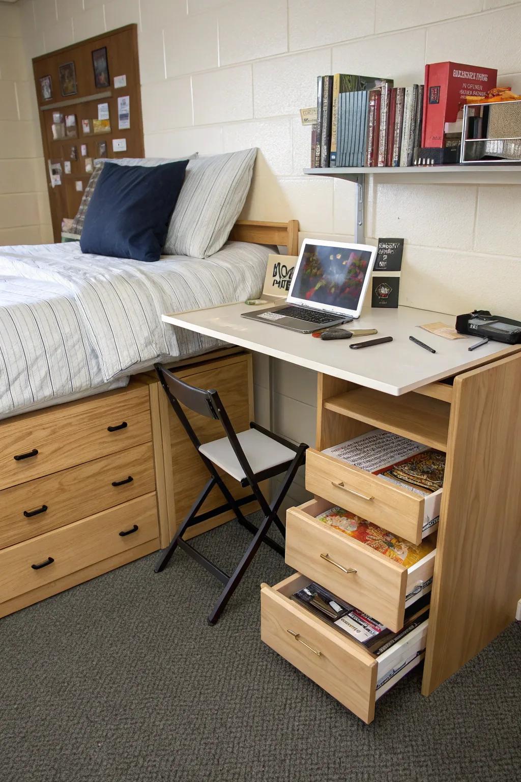 For a well-thought-out dorm layout, multi-functional furniture is vital.
