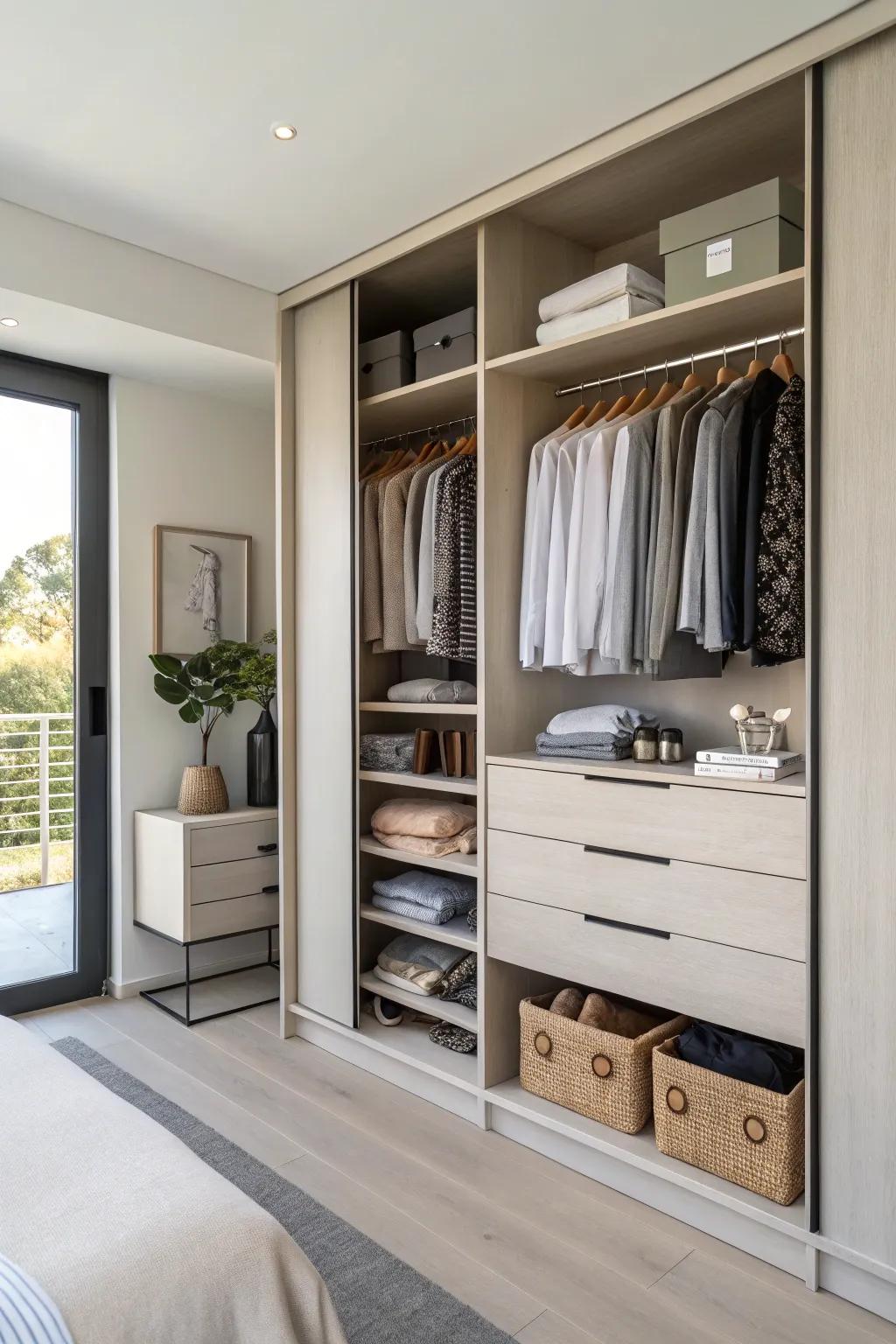 Built-in drawers in a double closet offer a smooth storage solution for smaller items.