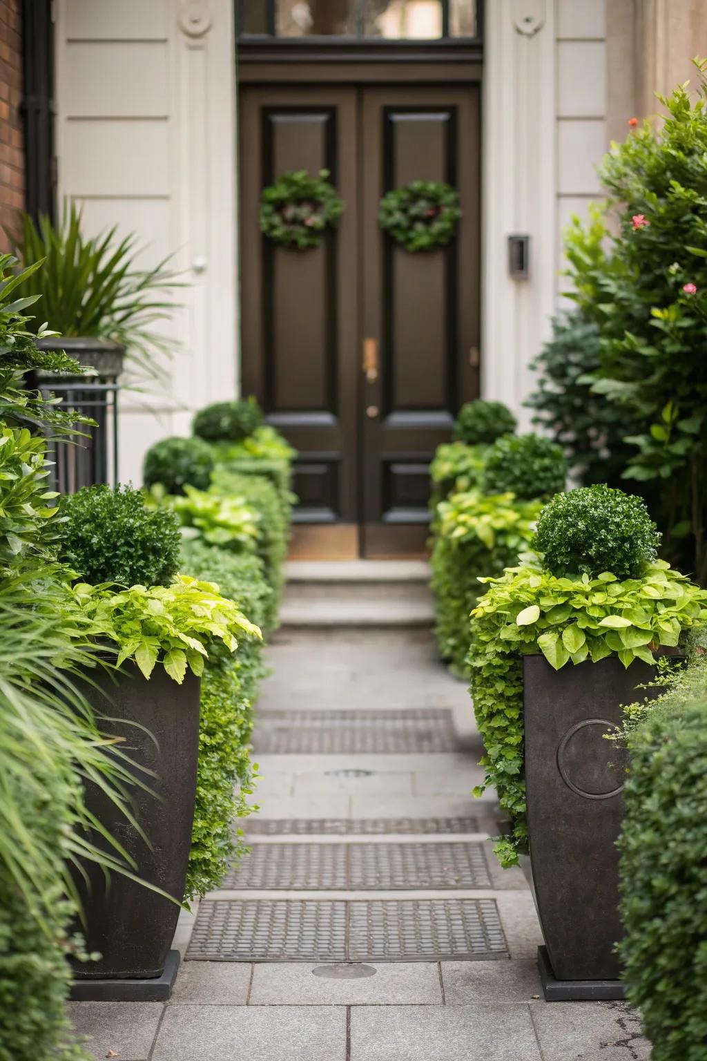 Establish flawless harmony by using stylish planters that elegantly frame your entryway.