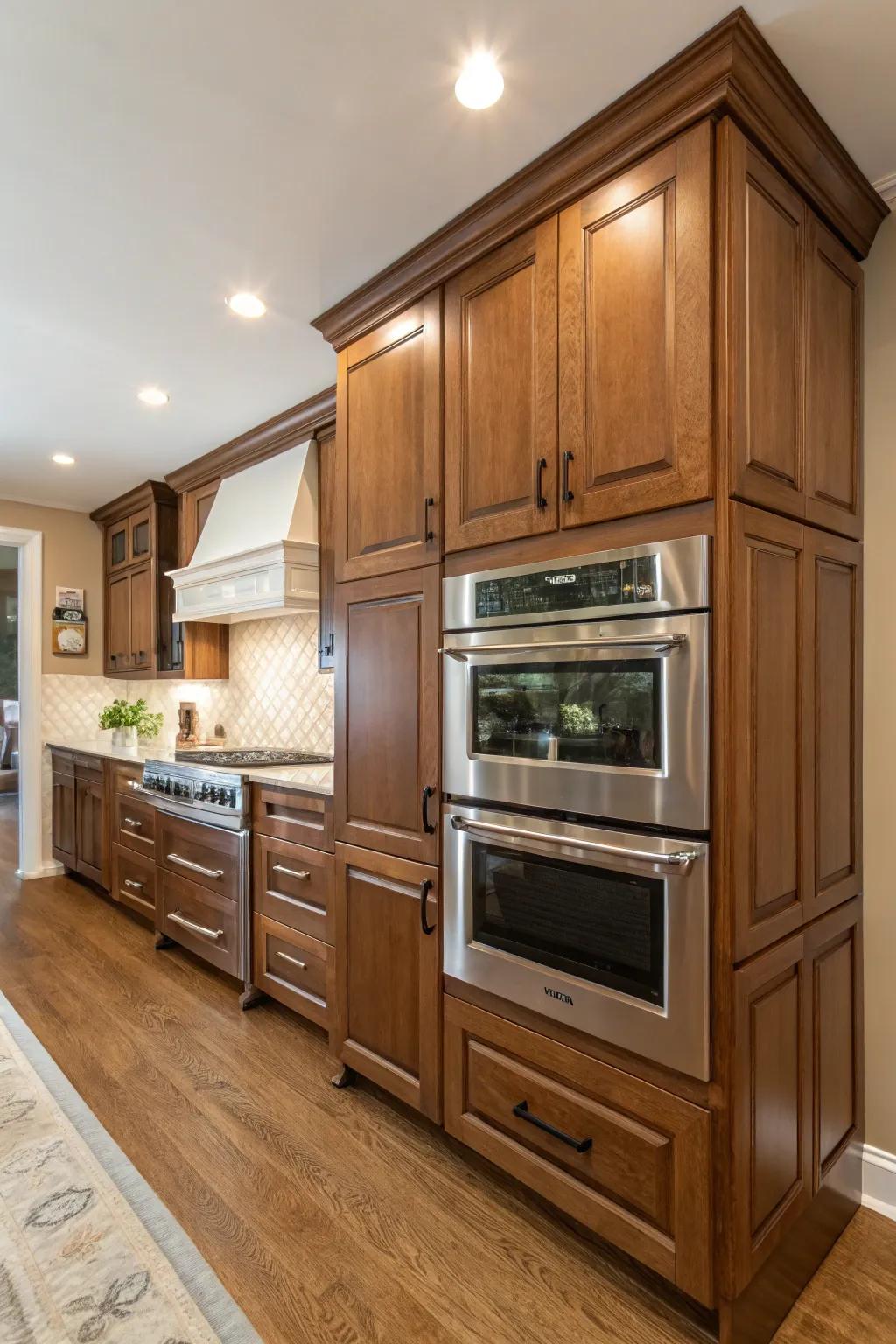 An angled double oven cabinet transforms a simple corner into a captivating point of interest in the kitchen.