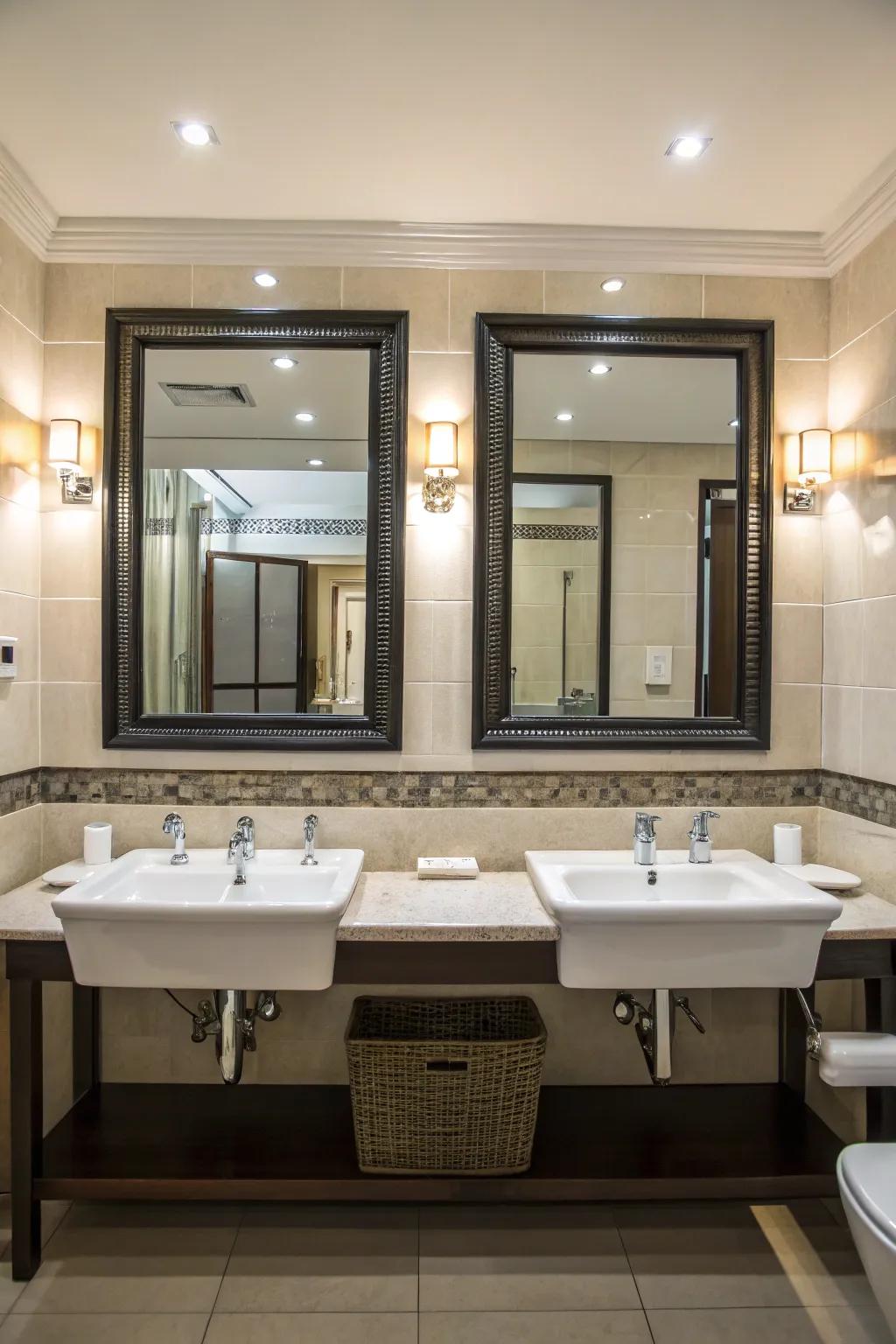 A perfectly symmetrical bathroom design showcasing harmoniously matched double sinks and mirrors.