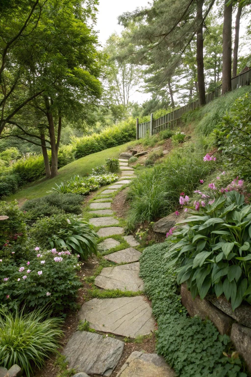 Stone routes contribute both practicality and countryside charm to a sloped garden.