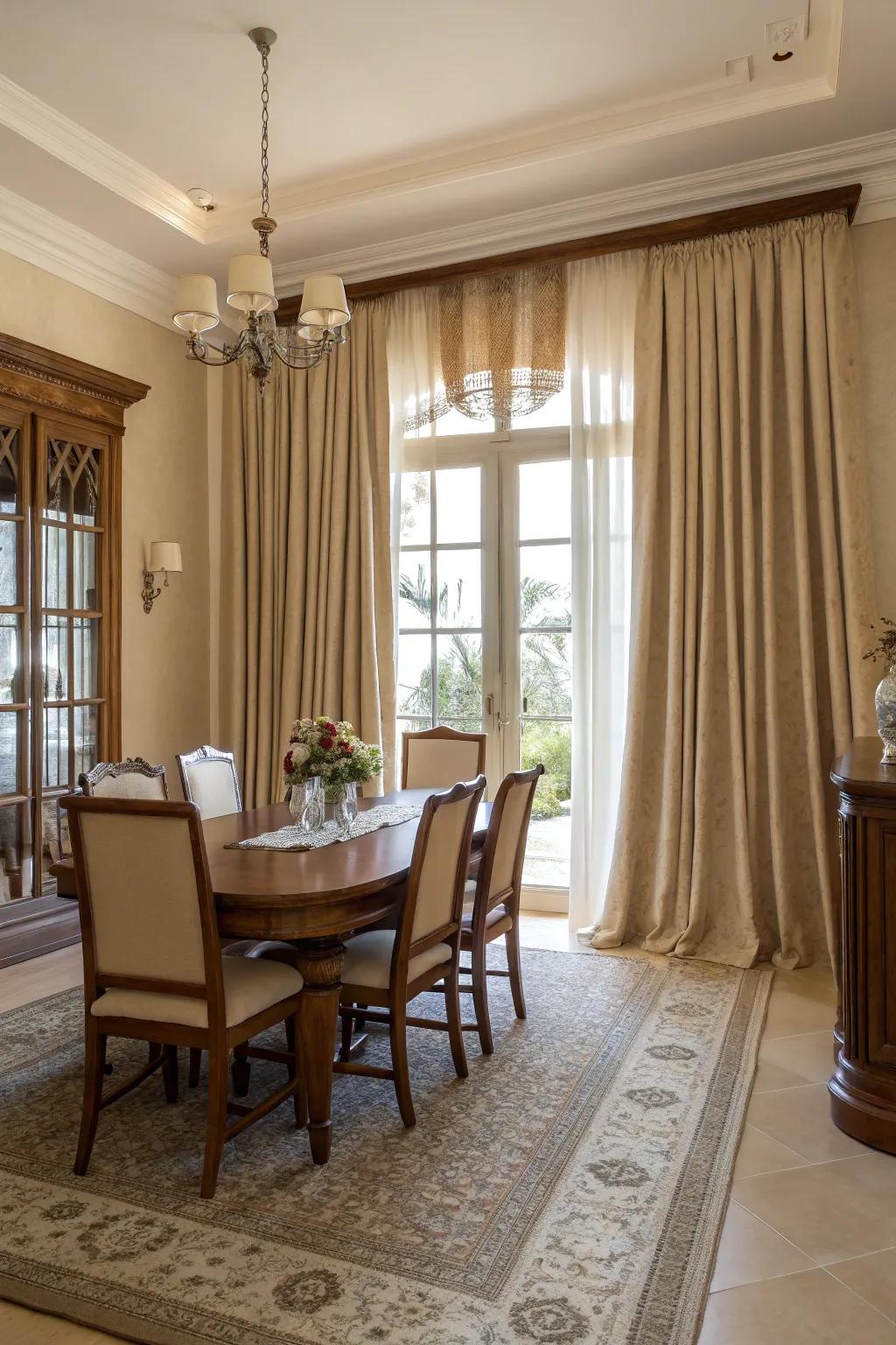 Subdued ecru draperies enhancing the timeless charm of a dining space.
