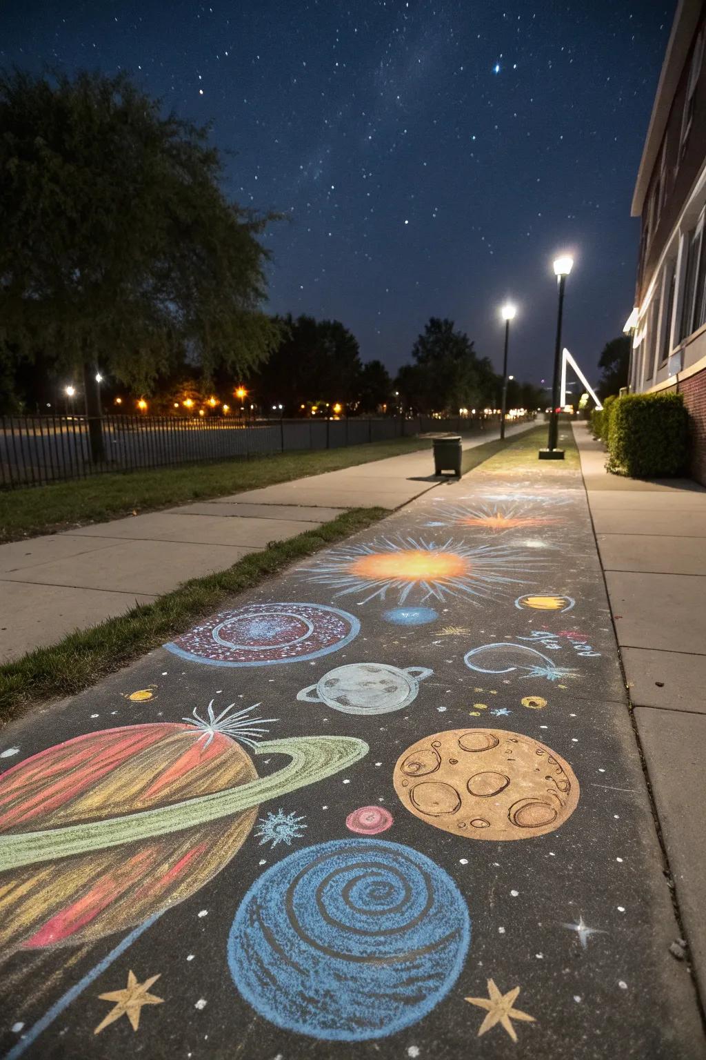 A chalk galaxy turns the sidewalk into a cosmic journey.