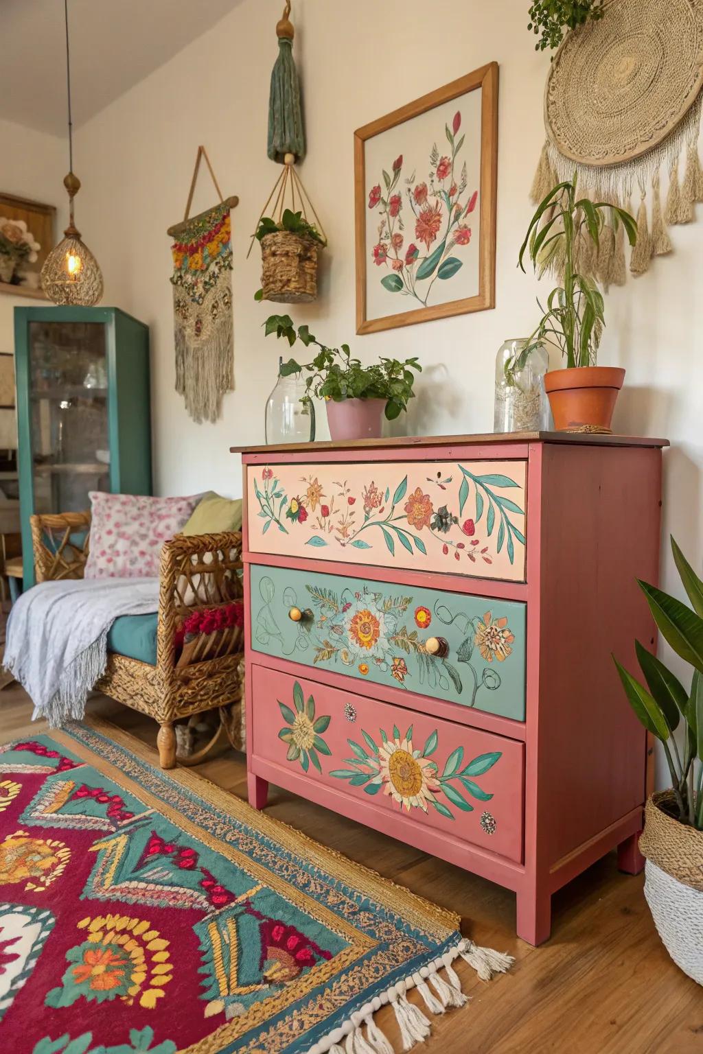 Create a Scandinavian boho-inspired dresser makeover in your space, where simplicity and vibrant creativity collide.