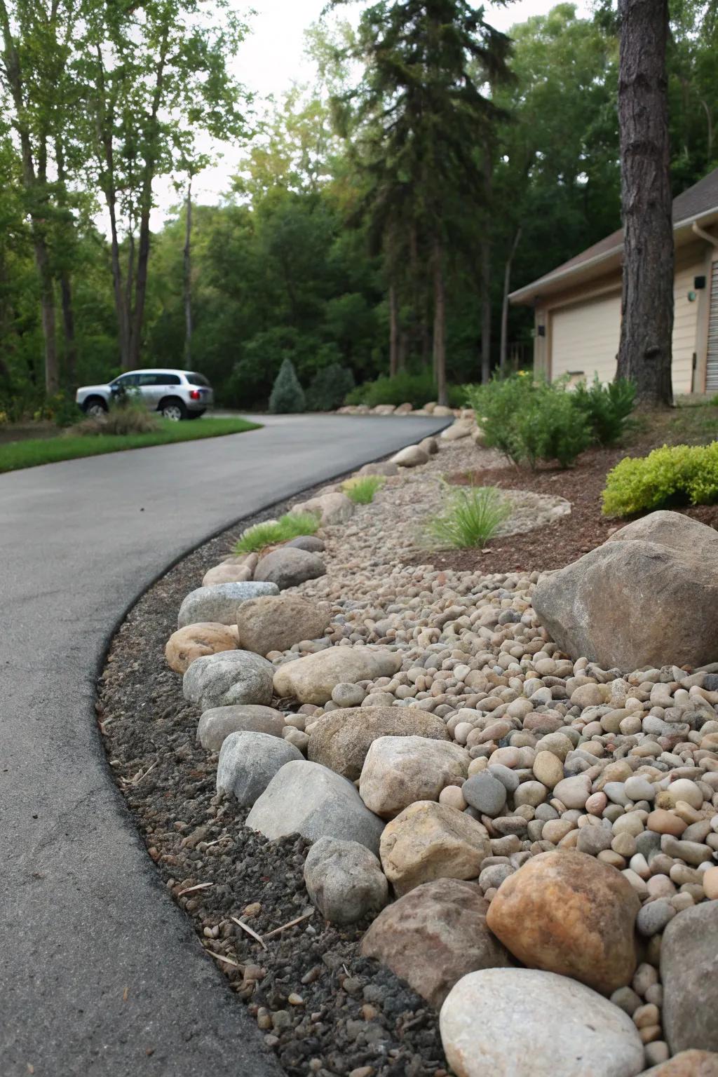 Stony landscape gives this driveway a raw, textured appearance.