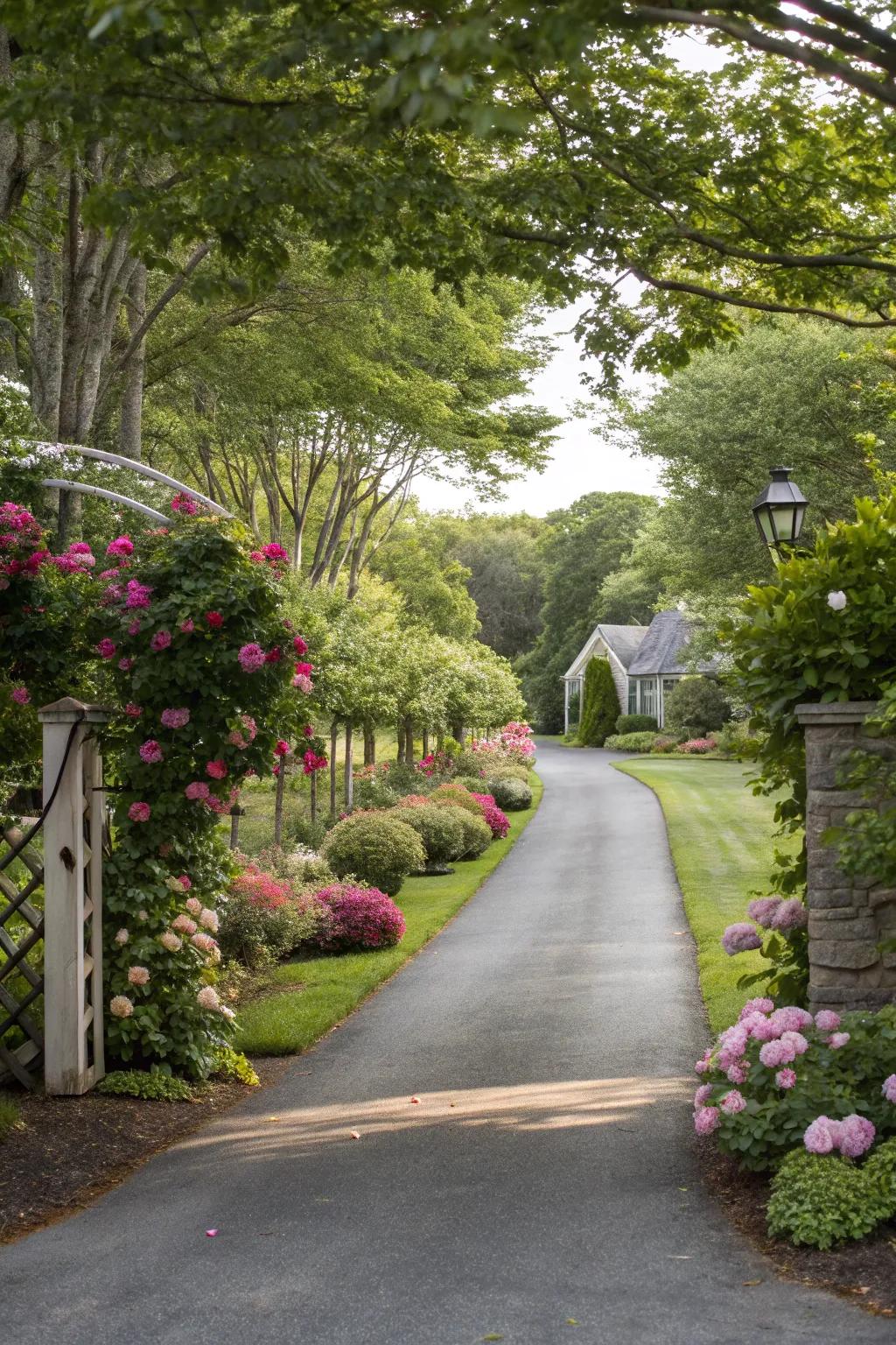 Vibrant foliage borders a driveway, crafting an inviting and refreshing entry.