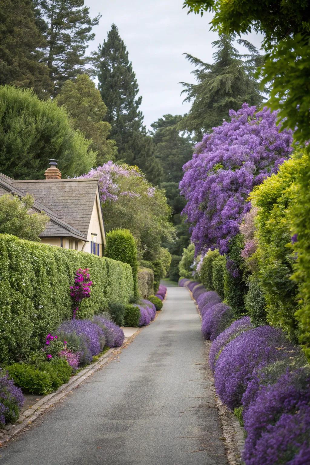 Lavender hedges lining a driveway, providing both splendor and scent.