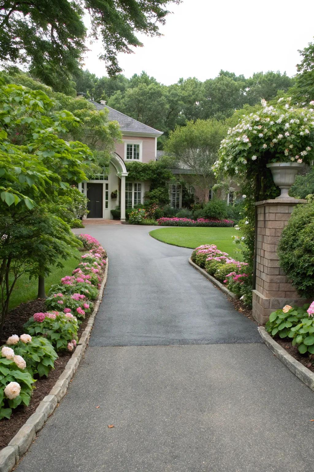 Driveway lined with lively foliage and floral displays.