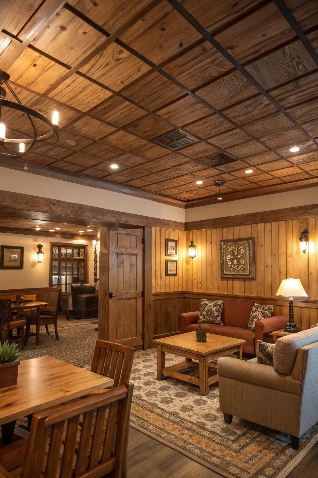 Earthy appeal created with wooden board drop ceilings.