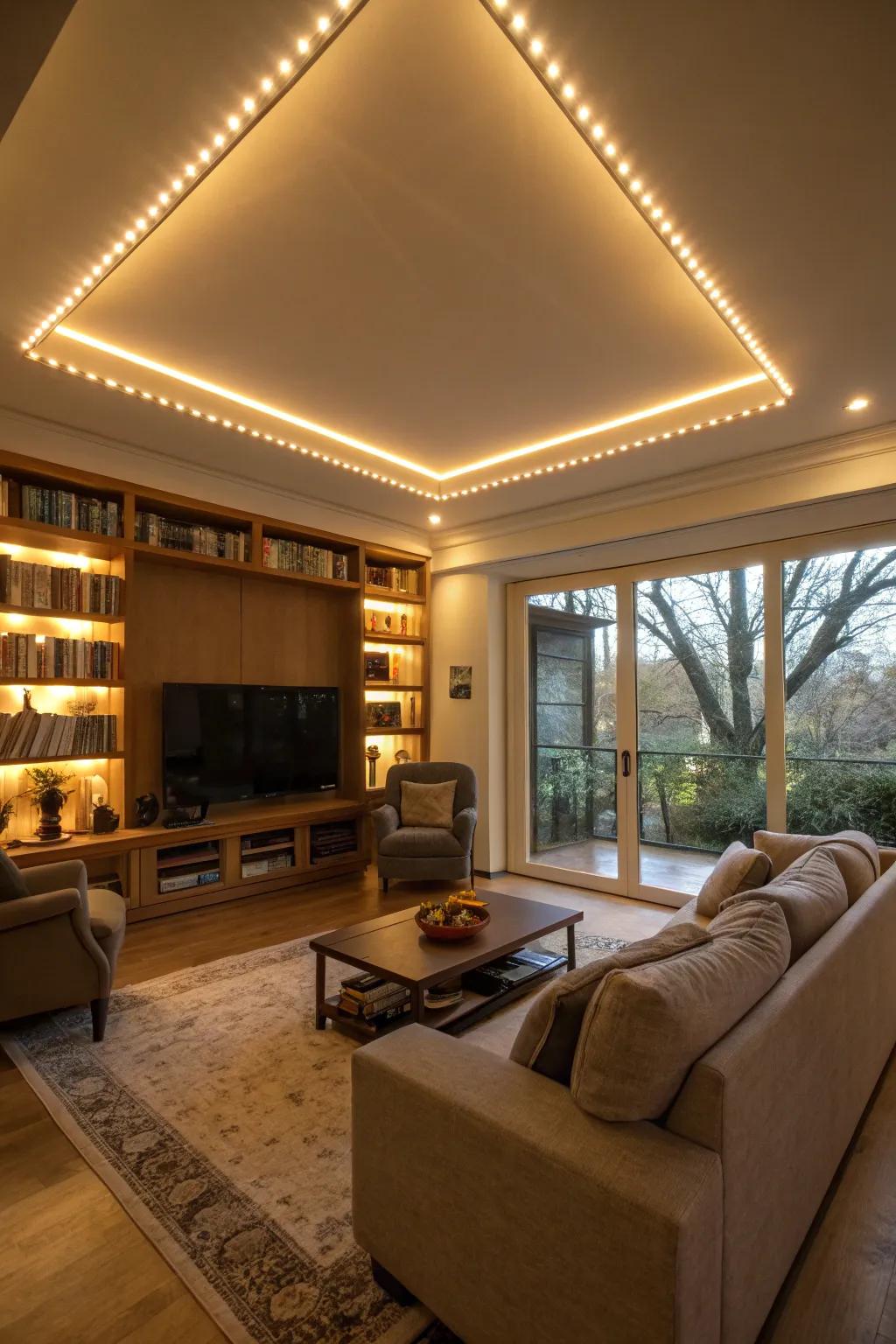 LED strips add a warm glow around this living room ceiling.