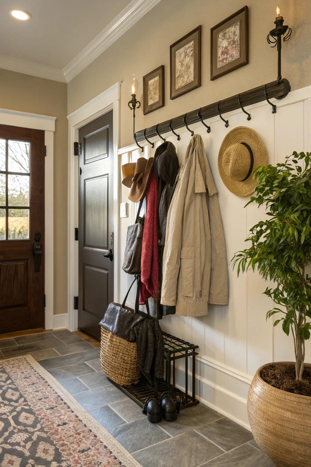 Hooks at staggered heights offer plenty of hanging room.