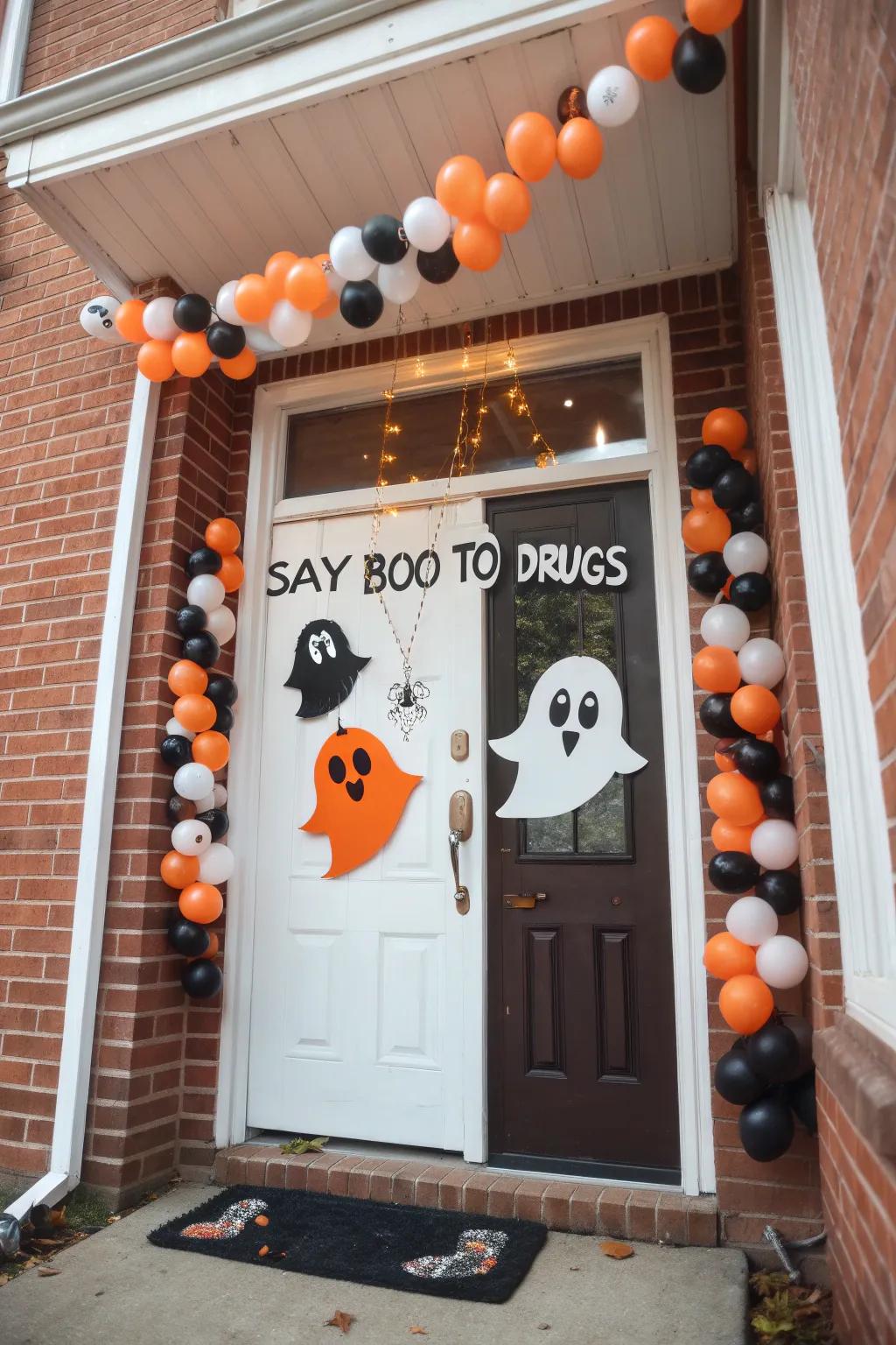 A Halloween-styled door exclaiming 'Give Drugs the Ghost'.