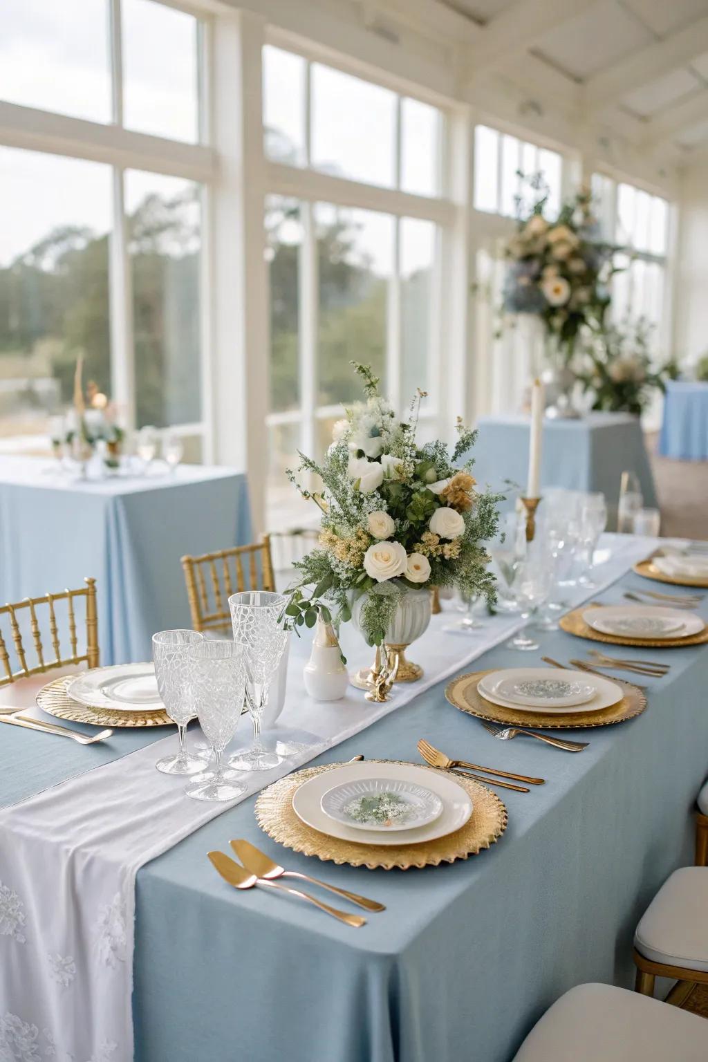An elegant table arrangement featuring misty blue accents that elevate any wedding celebration.