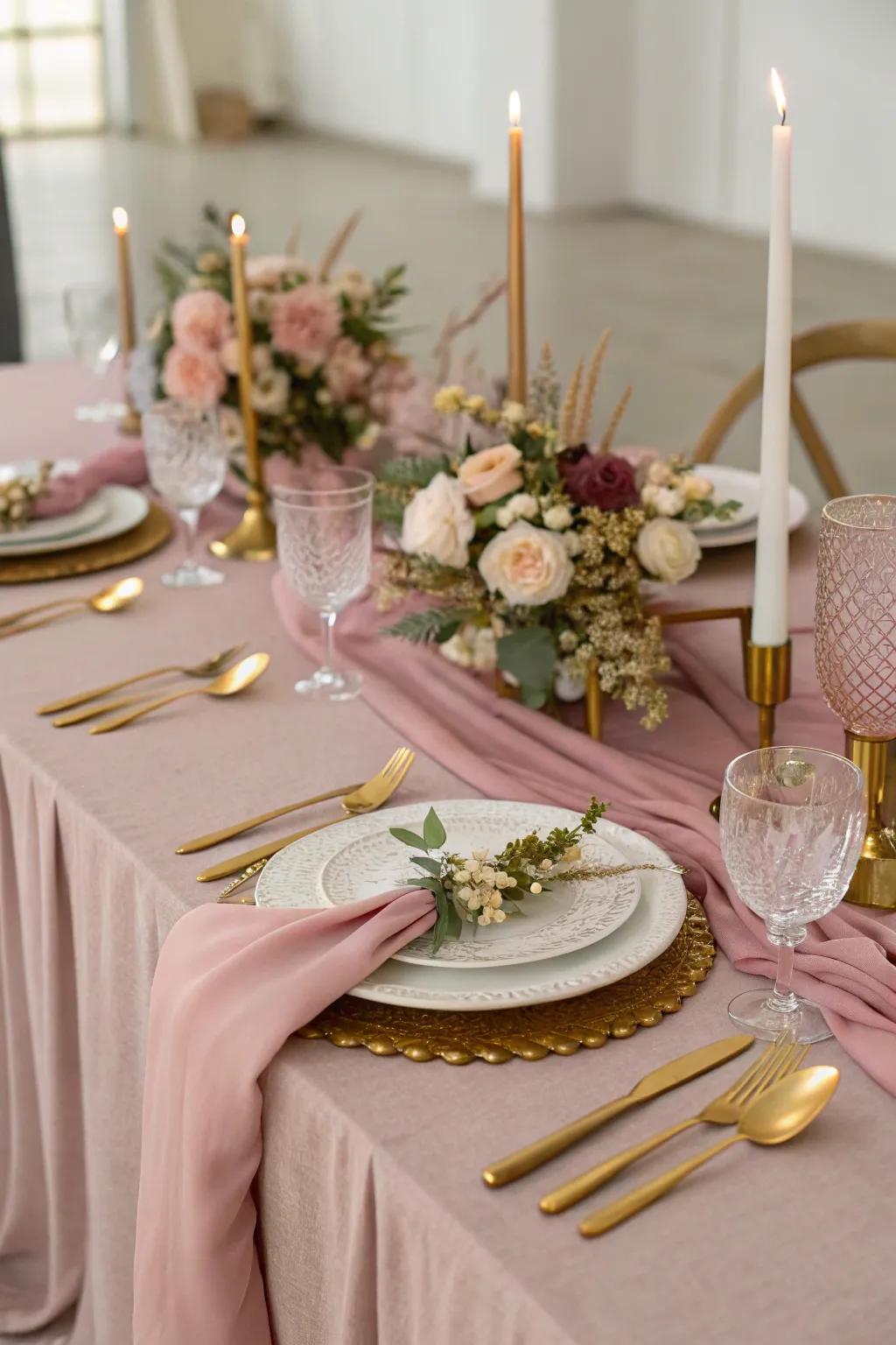 Sophisticated table arrangement featuring antique rose and gold.