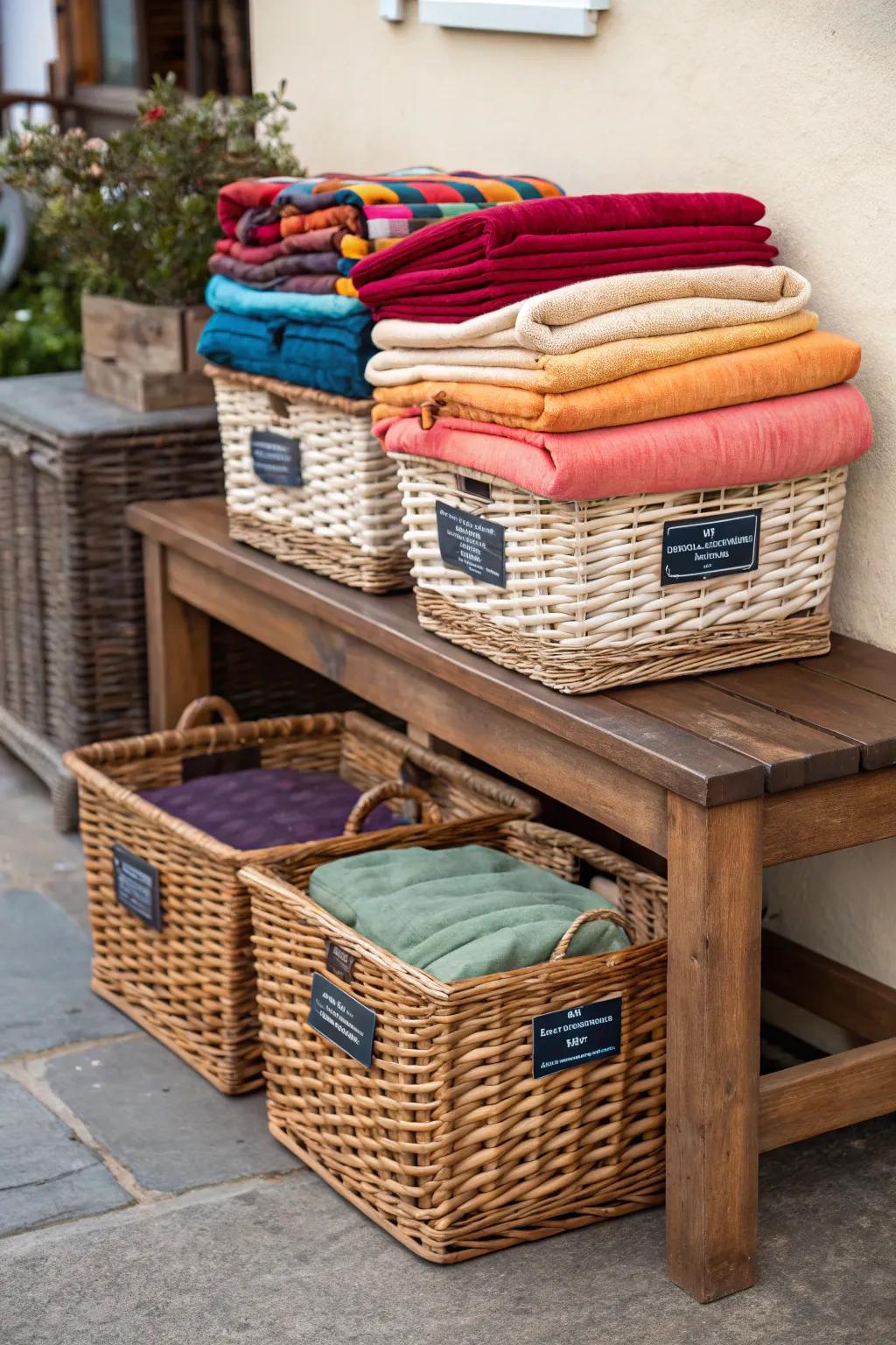 Bins and crates bring a rustic yet functional storage option.