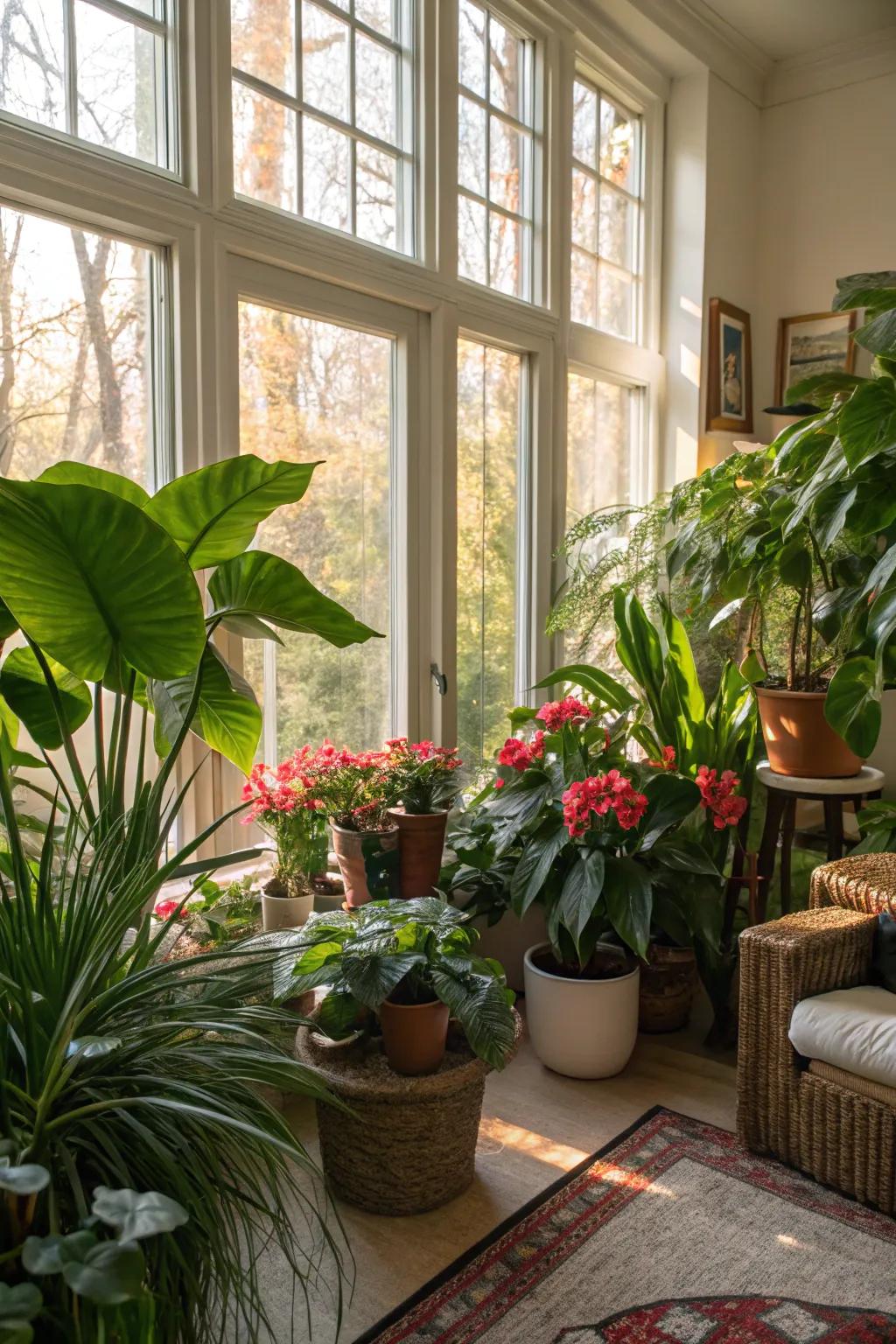 An interior flourishing with indoor plants and an abundance of sunlight.