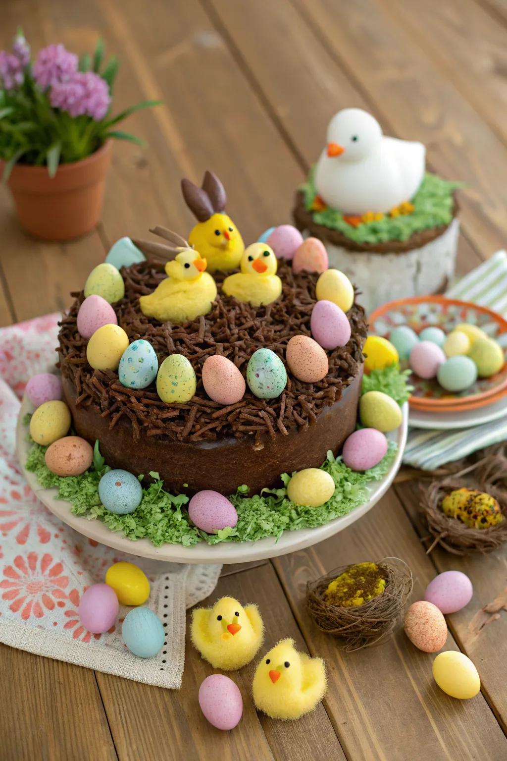 Sugary bunnies fashion a whimsical Easter wonderland atop this cake.