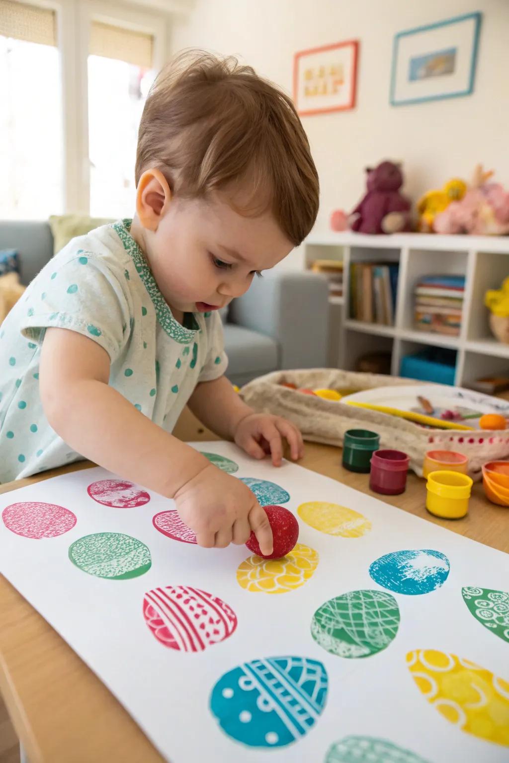 A toddler immersed in a creative moment using DIY Easter egg stamps.