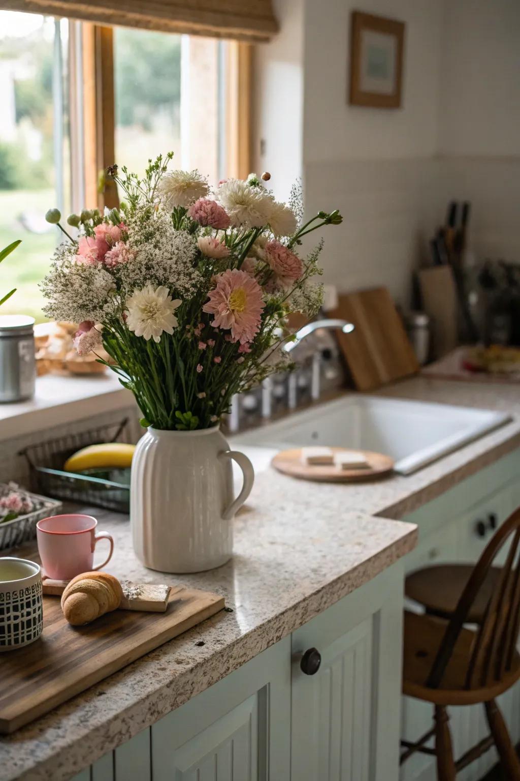 An exquisite bloom display showcasing soft tints lightens up the kitchen area.
