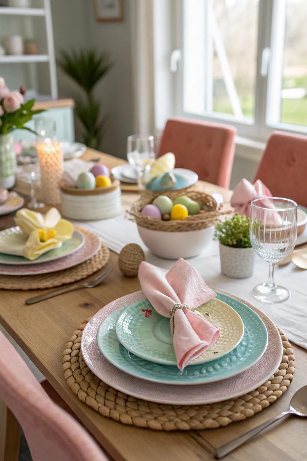 Gentle pastel shades fashion a serene Easter table.