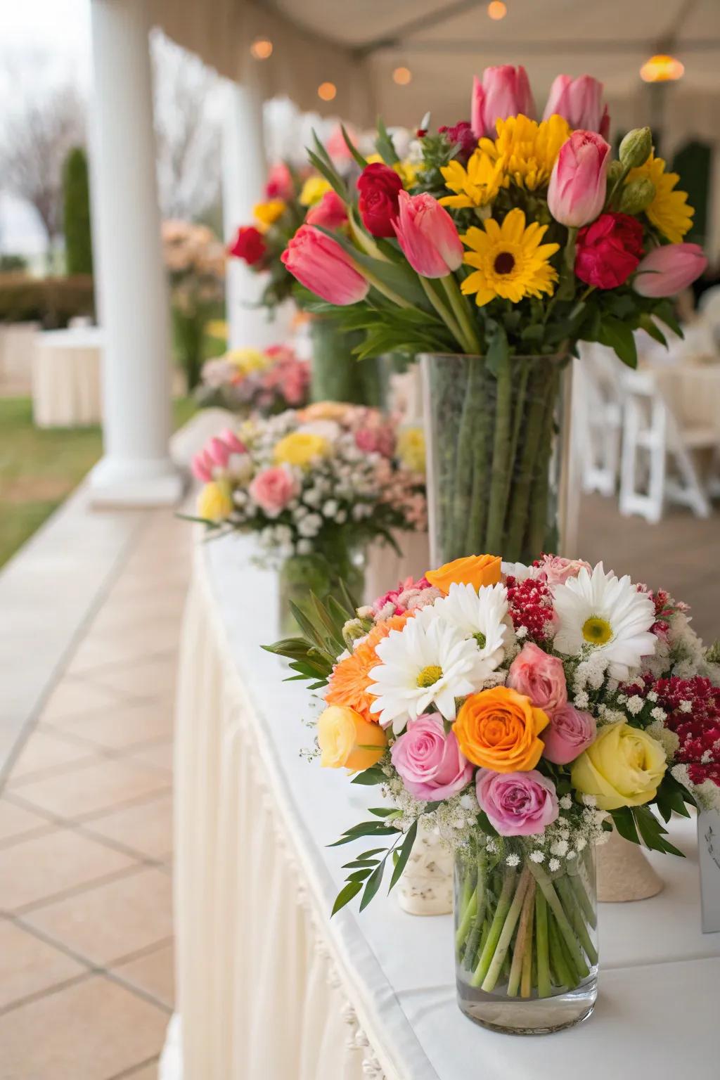 Exquisite floral compositions featuring a mix of tulips, daisies, and roses, perfect for a spring nuptial.