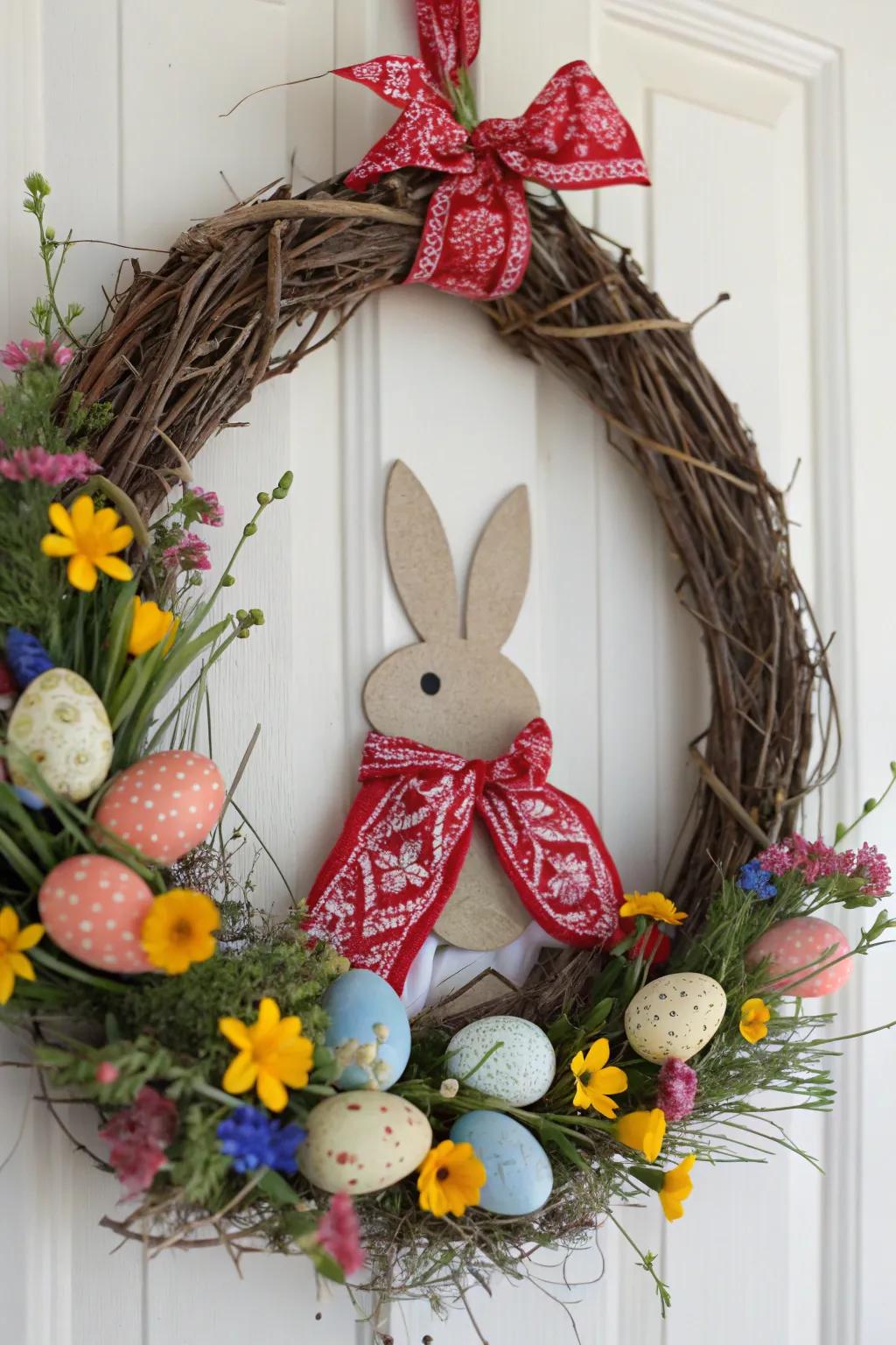 A quaint Easter wreath showcasing a bandana bunny, ideal for adding charm to your setting.