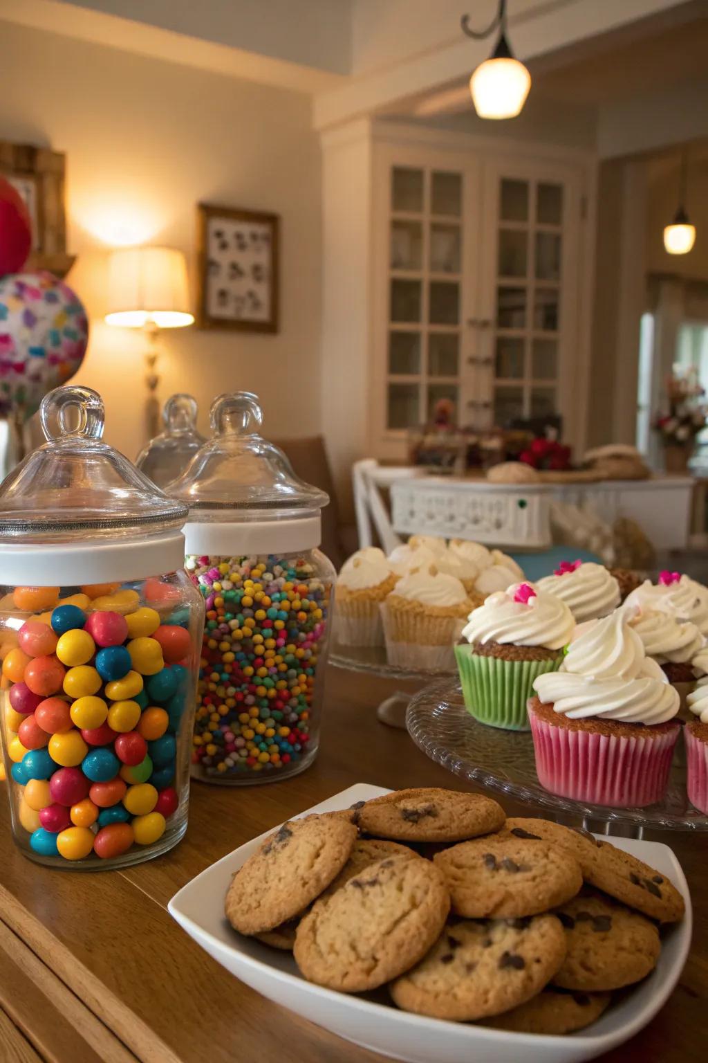 A charming combination of home-prepared and commercially available sugary snacks.
