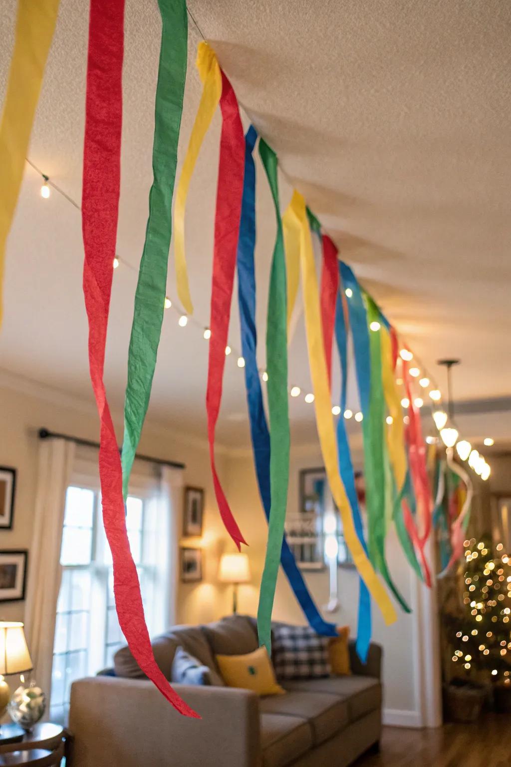 Produce a celebratory setting using cascading ribbons.
