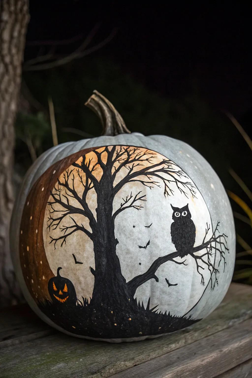 A moonlit nocturnal scene painted on a pumpkin contributes a hint of enchantment to Halloween.