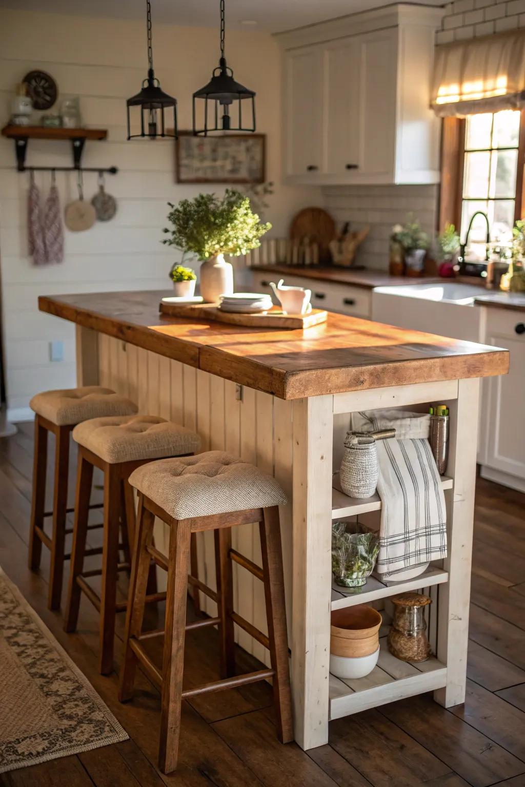 A rustic island featuring a useful woodblock surface.
