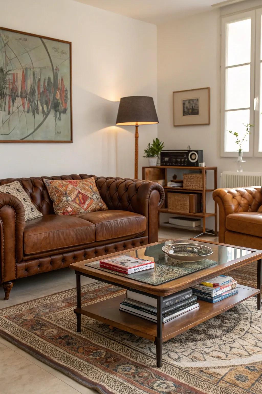A living space showcasing a balanced fusion of vintage and contemporary furniture.