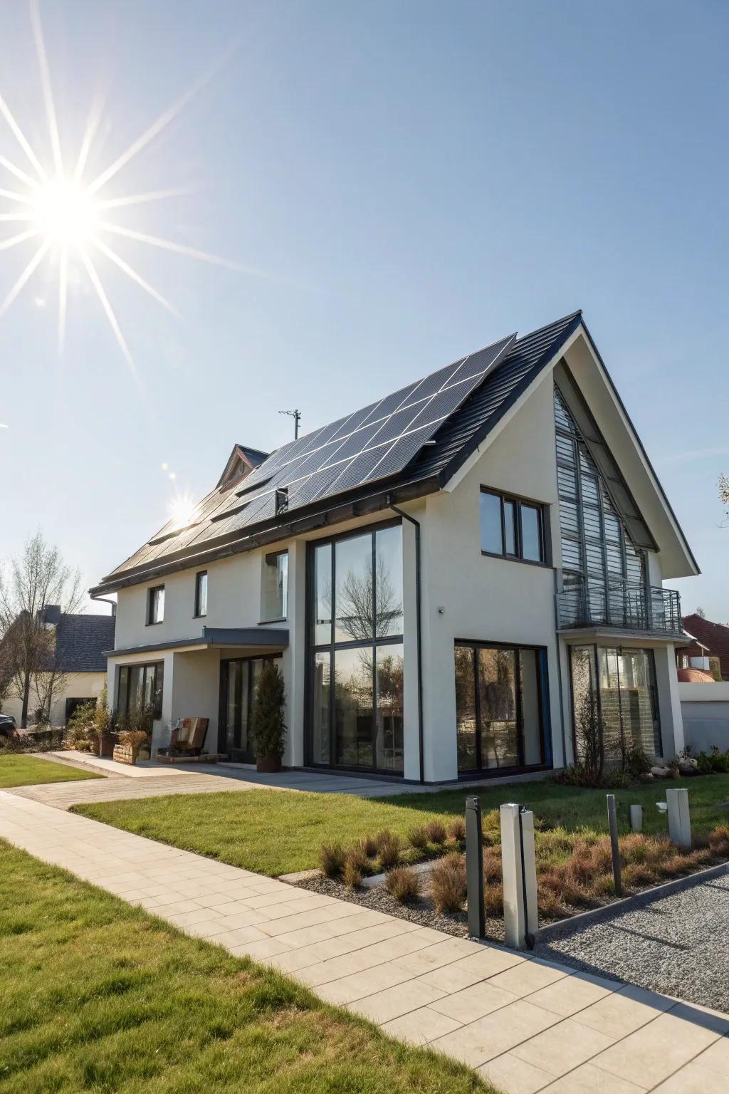 A contemporary home equipped with solar collectors, absorbing the sun’s radiant energy.
