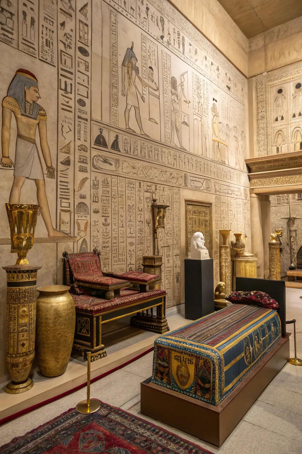 Hieroglyphic artwork transforms walls into captivating canvases of storytelling.
