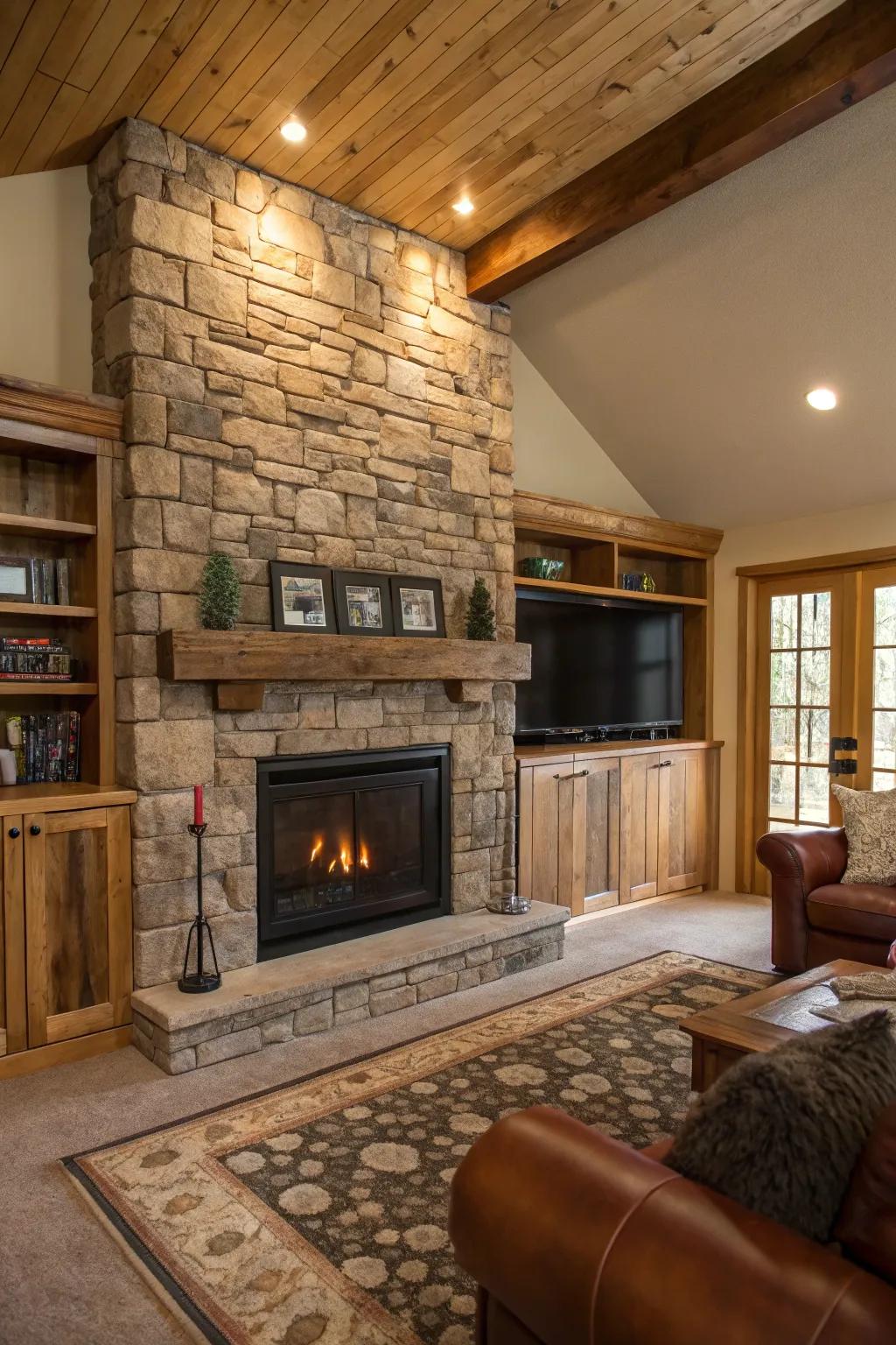 A rustic living room features a stone-covered electric fireplace and warm wooden details.