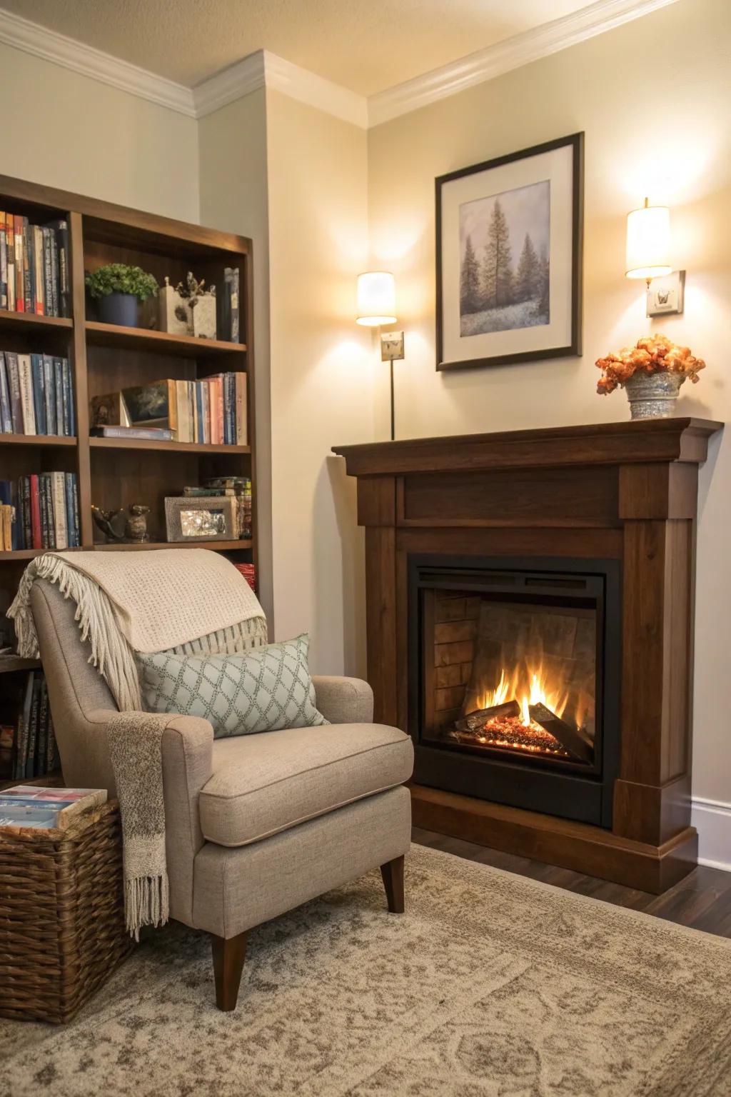 An electric fireplace nestled in a corner creates a warm and inviting reading space.