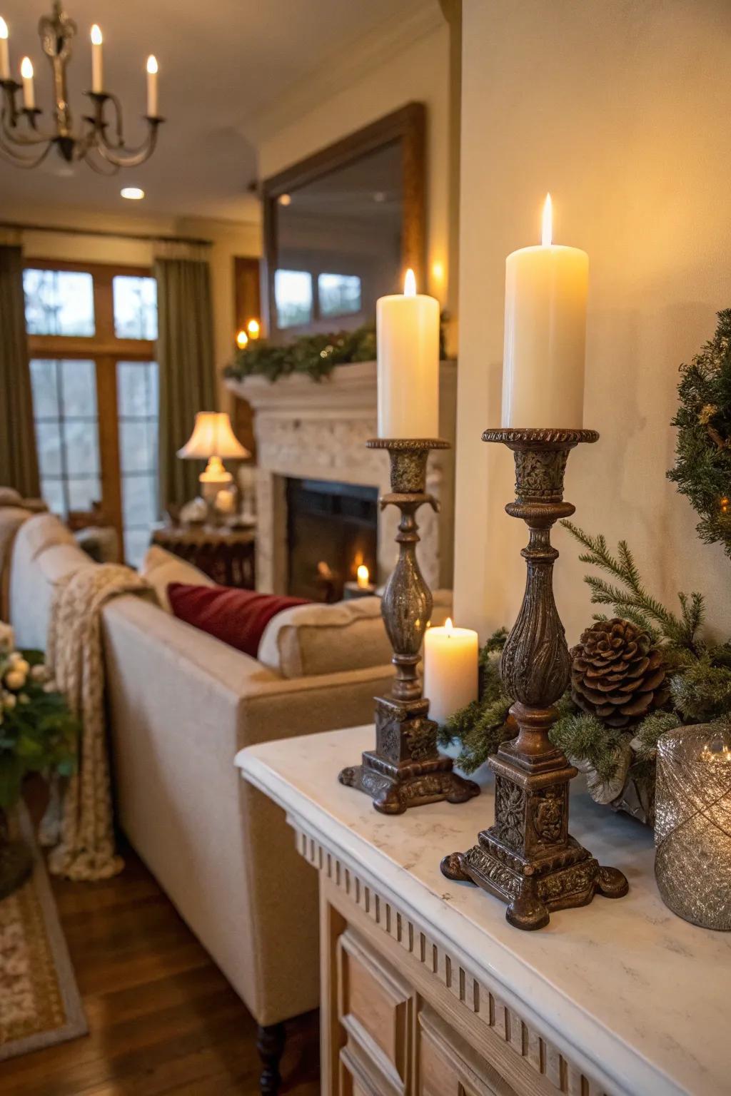 Balanced candles emit a cozy glow and introduce sophistication.