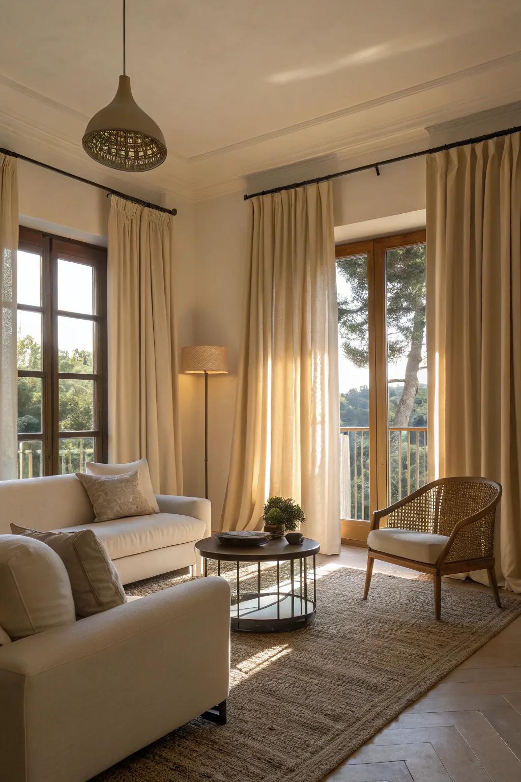 Understated color curtains offer a serene backdrop in a minimalistic setting.