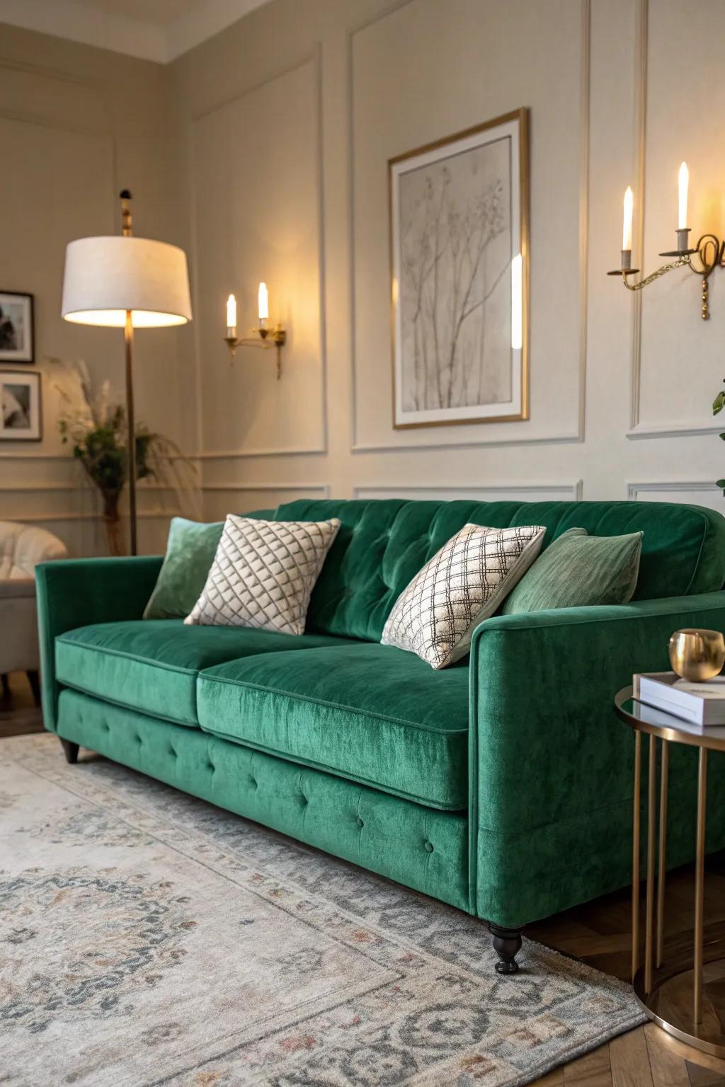 Magnificent forest green plush chair as a point of convergence.
